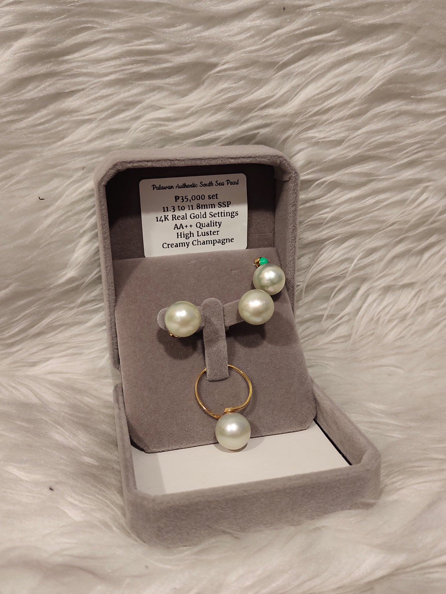 11.3mm to 11.8mm Authentic Creamy Champagne Color South Sea Pearl Sets in 14k Real Gold Settings