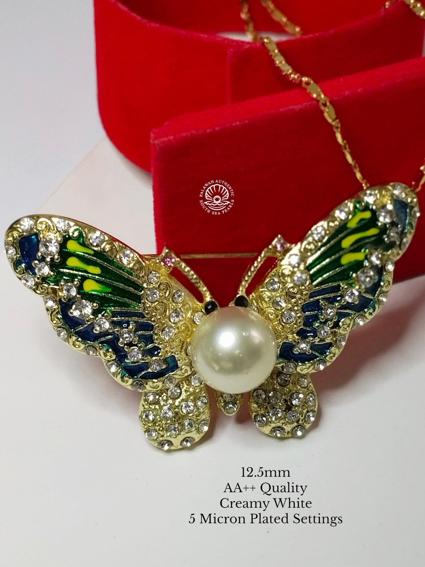 12.5mm Palawan Authentic Creamy White Color South Sea Pearl Brooch in 5 Micron Plated Settings