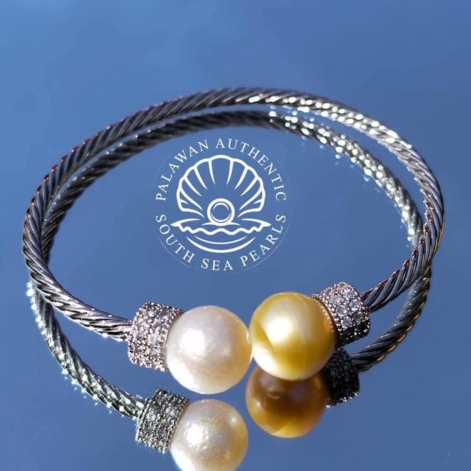 10.4 to 11mm Palawan Authentic White and Champagne Color South Sea Pearl Bangle in 5 Micron Plated Settings