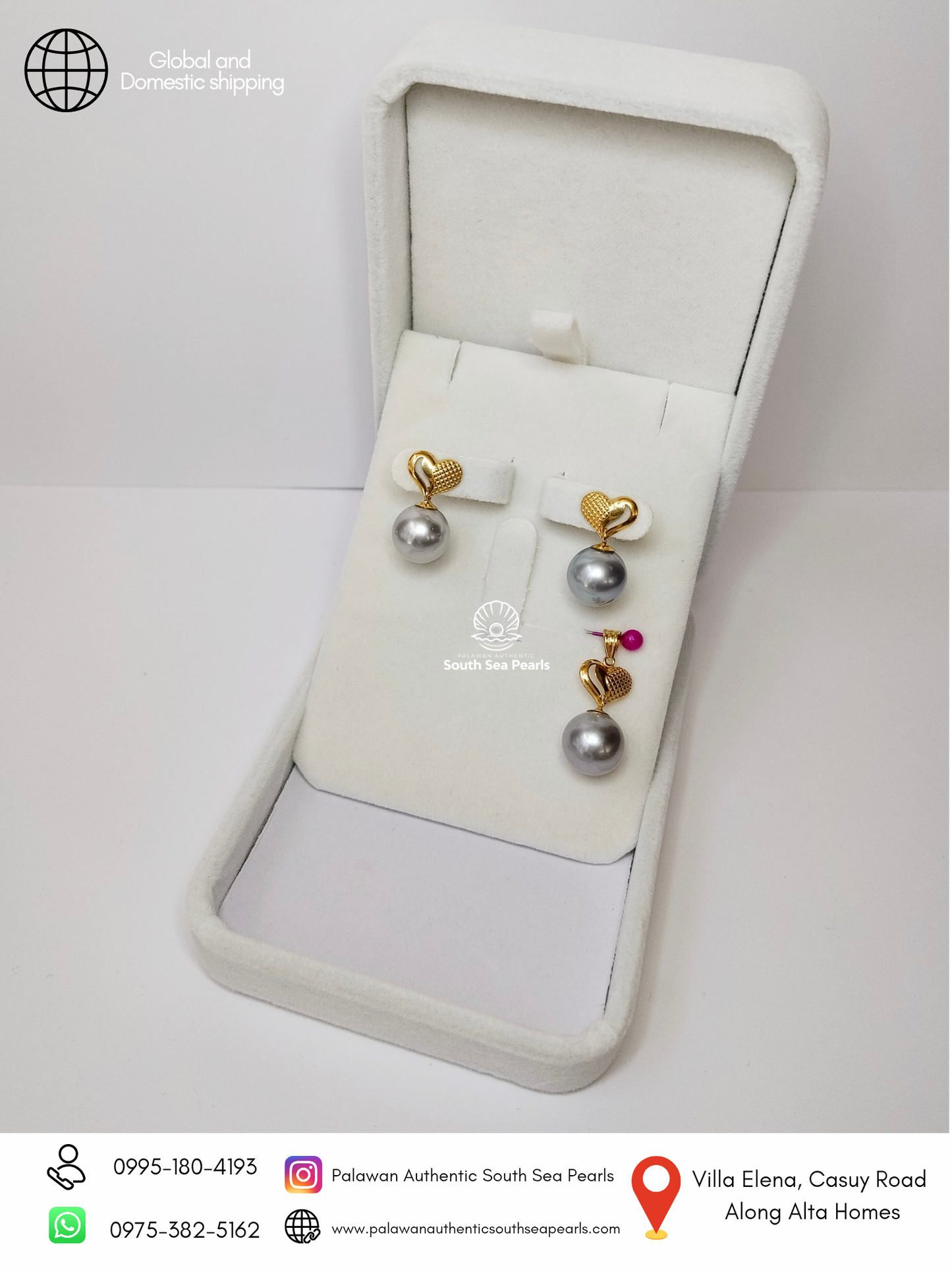 New Arrival! 10.5mm to 10.8mm Palawan Authentic Bluish Gray Color South Sea Pearl Sets in 14k and 18k Real Gold Settings