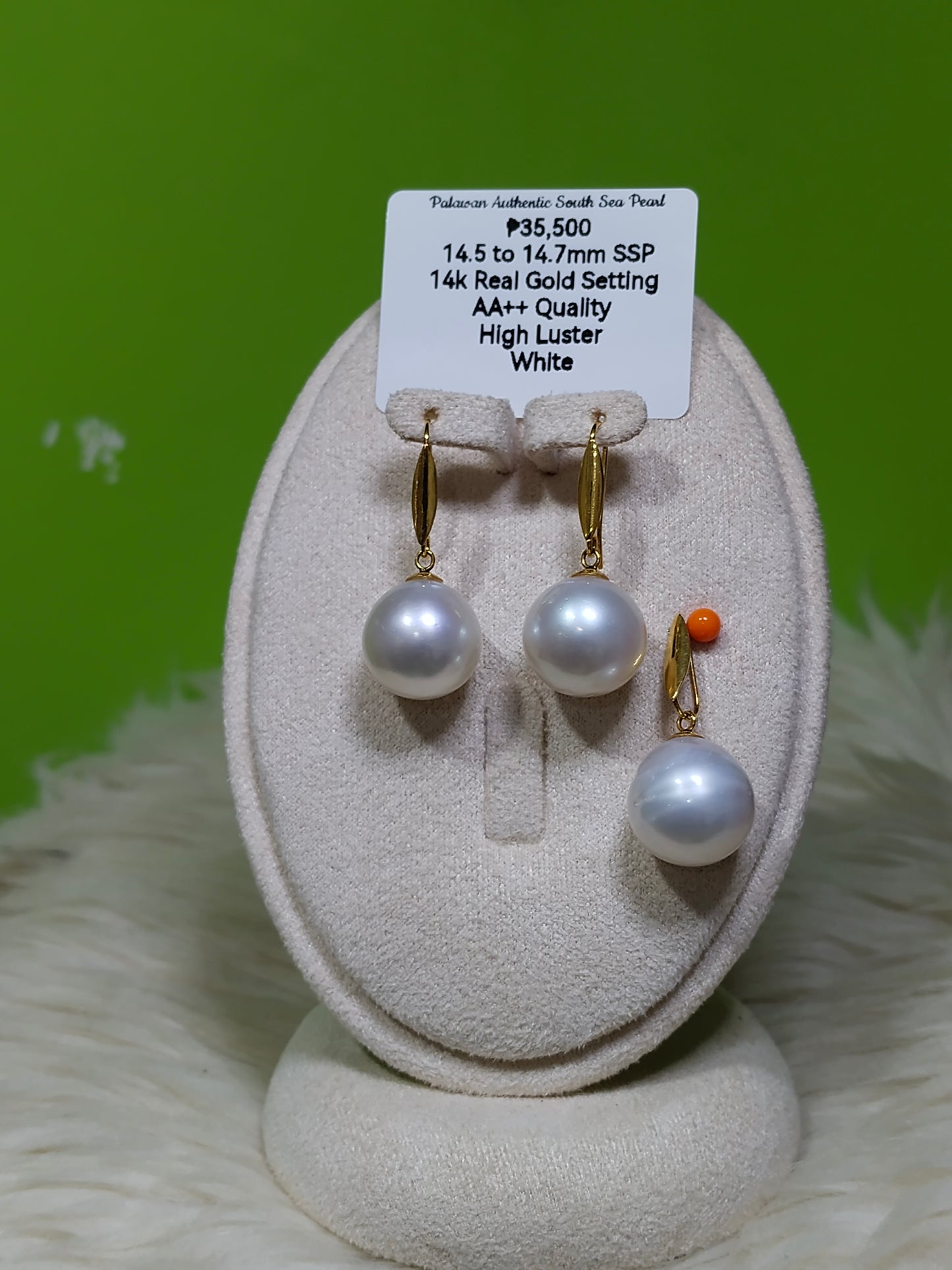 14.5mm to 14.7mm Authentic White South Sea Pearl Sets in 14k Real Gold Settings