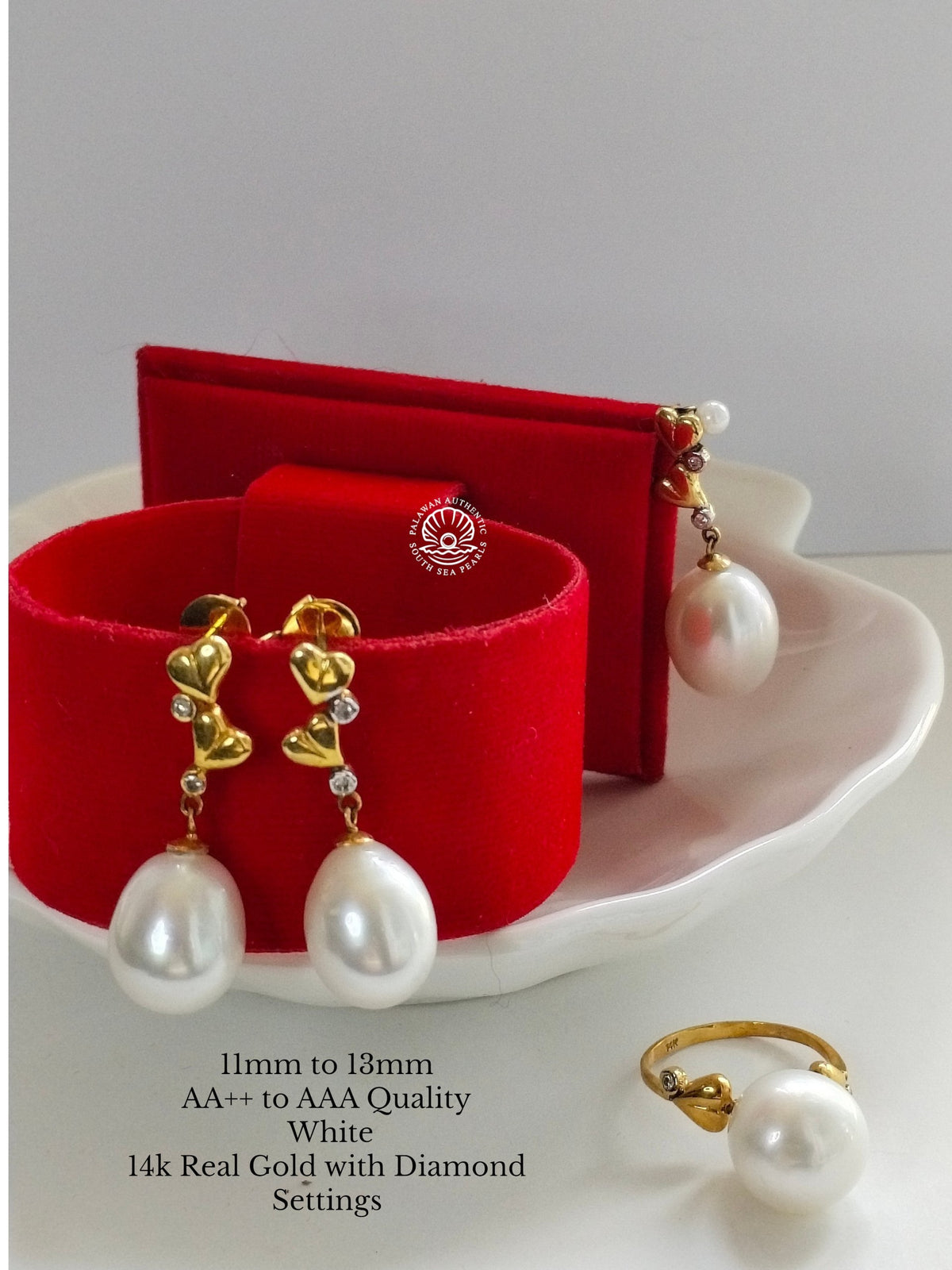 11mm to 13mm Palawan Authentic White Color South Sea Pearl in 14k Real Gold and Diamonds