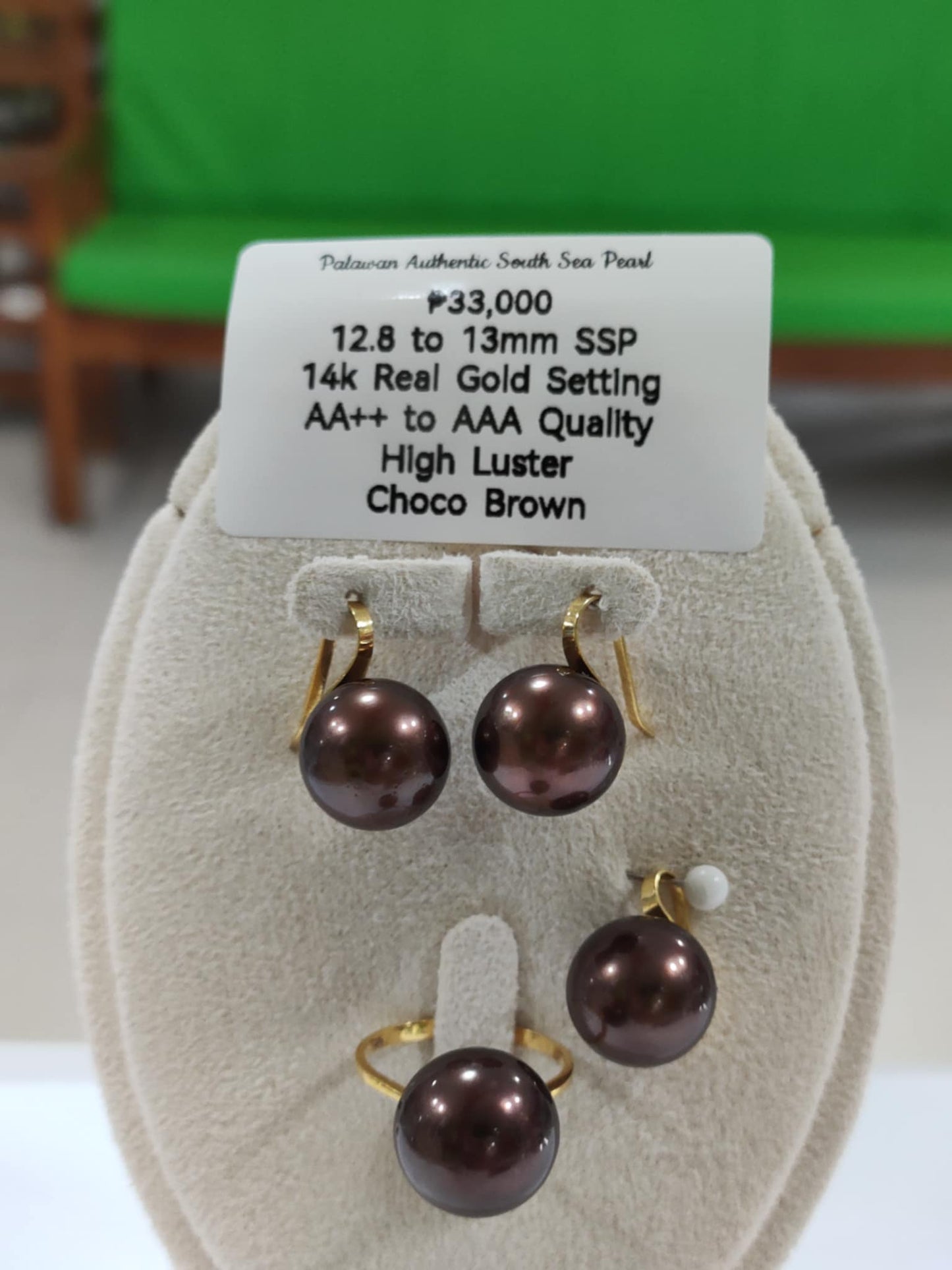 New Arrival! 12.8mm to 13mm Authentic Choco Brown Color South Sea Pearls Sets in 14k Real Gold Settings