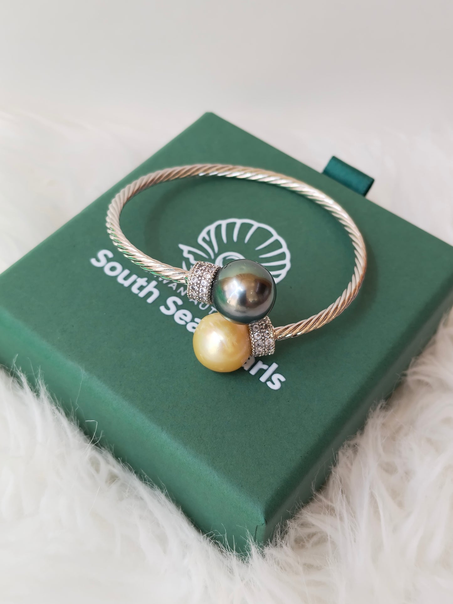 12mm to 12.2mm Palawan Authentic Champagne and Tahitian Black Color South Sea Pearl Bangle in 5 Micron Plated Settings