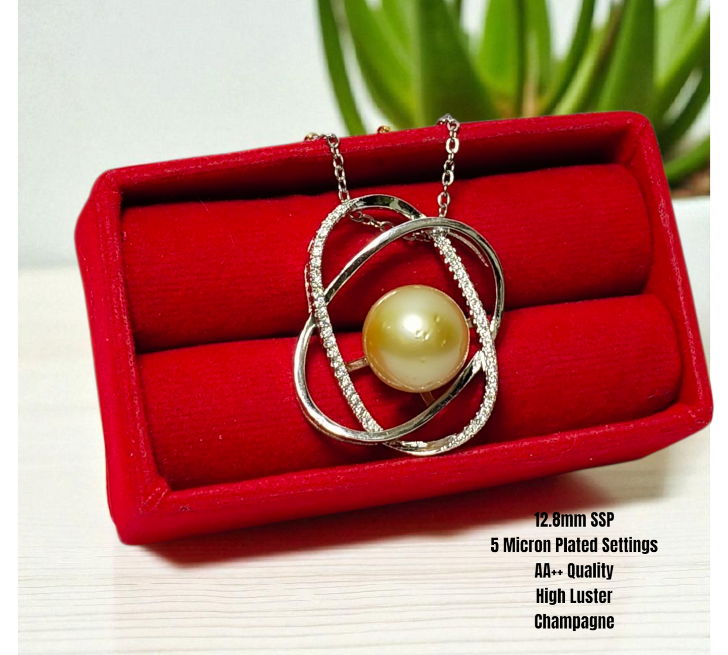 New Arrival! 12.8mm Authentic Champagne Color South Sea Pearls Pendant in 5 Micron Plated Settings