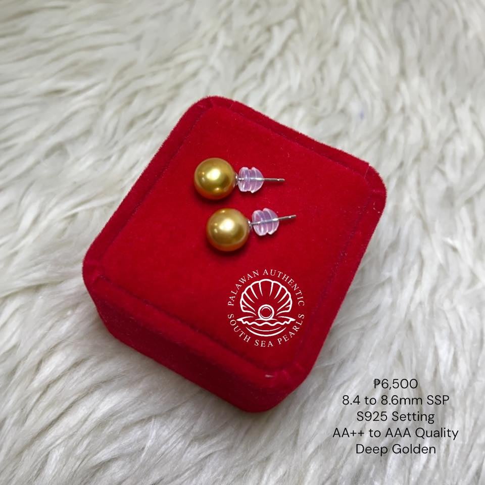 New Arrival! 8.4 to 8.6mm Palawan Authentic Deep Golden South Sea Pearls Earrings in S925 Settings