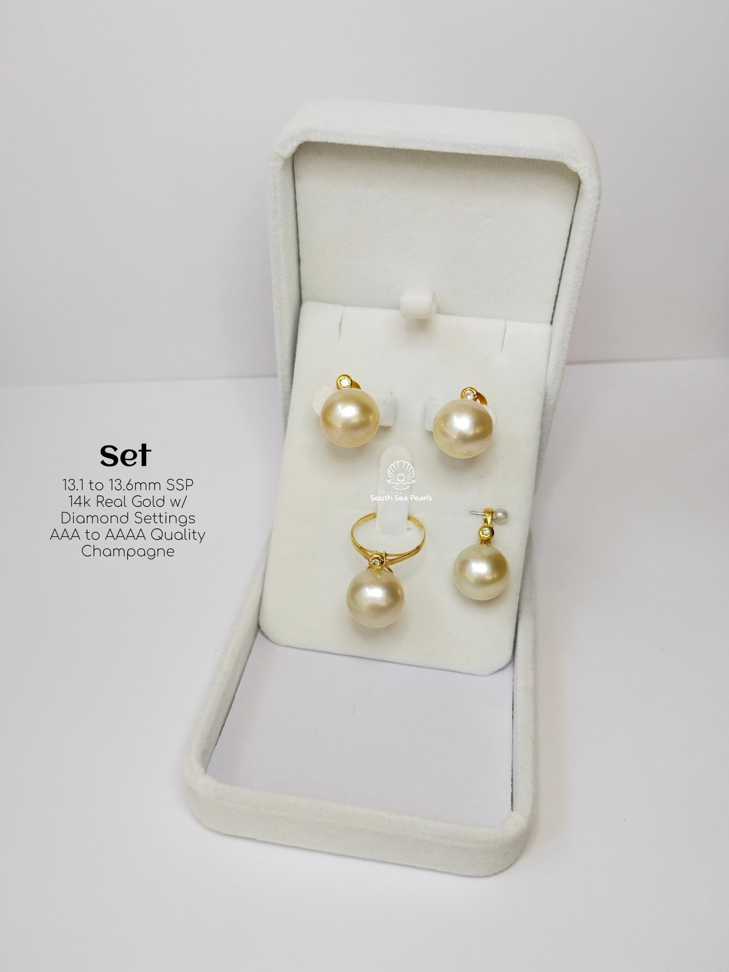13.1mm to 13.6mm Palawan Authentic Creamy Champagne Color South Sea Pearl in 14k Real Gold and Diamonds