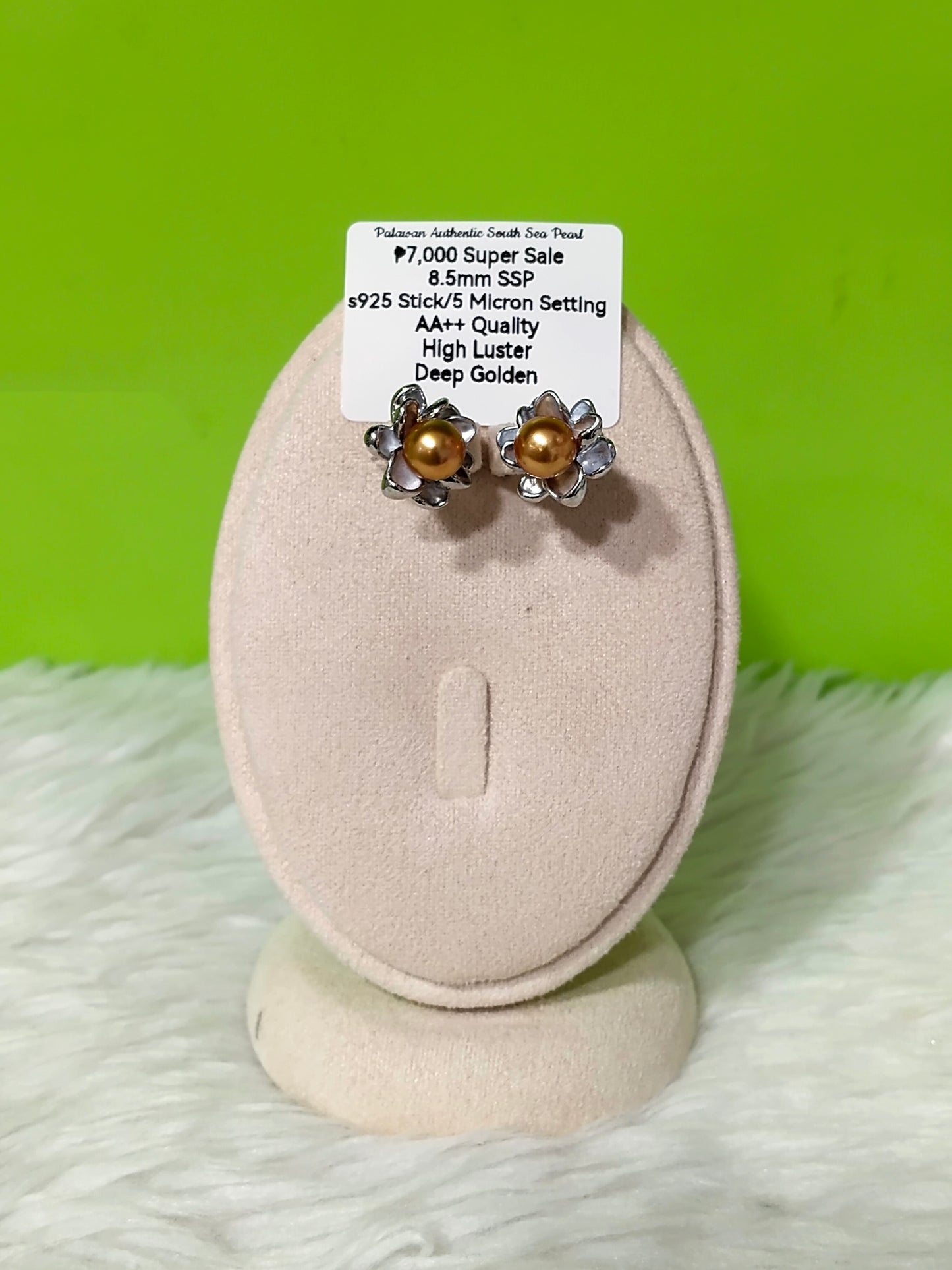 New Arrival! 8.5mm Authentic Deep Golden Color South Sea Pearl Earring in S925 Stick and 5 Micron Plated Settings