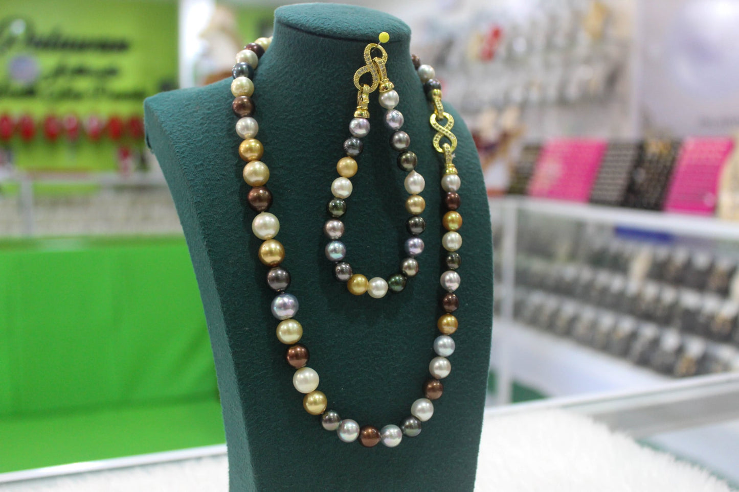 New Arrival! 8mm to 10.2mm Authentic Multi-Color South Sea Pearls Choker Necklace with Bracelet in 5 Microns Settings