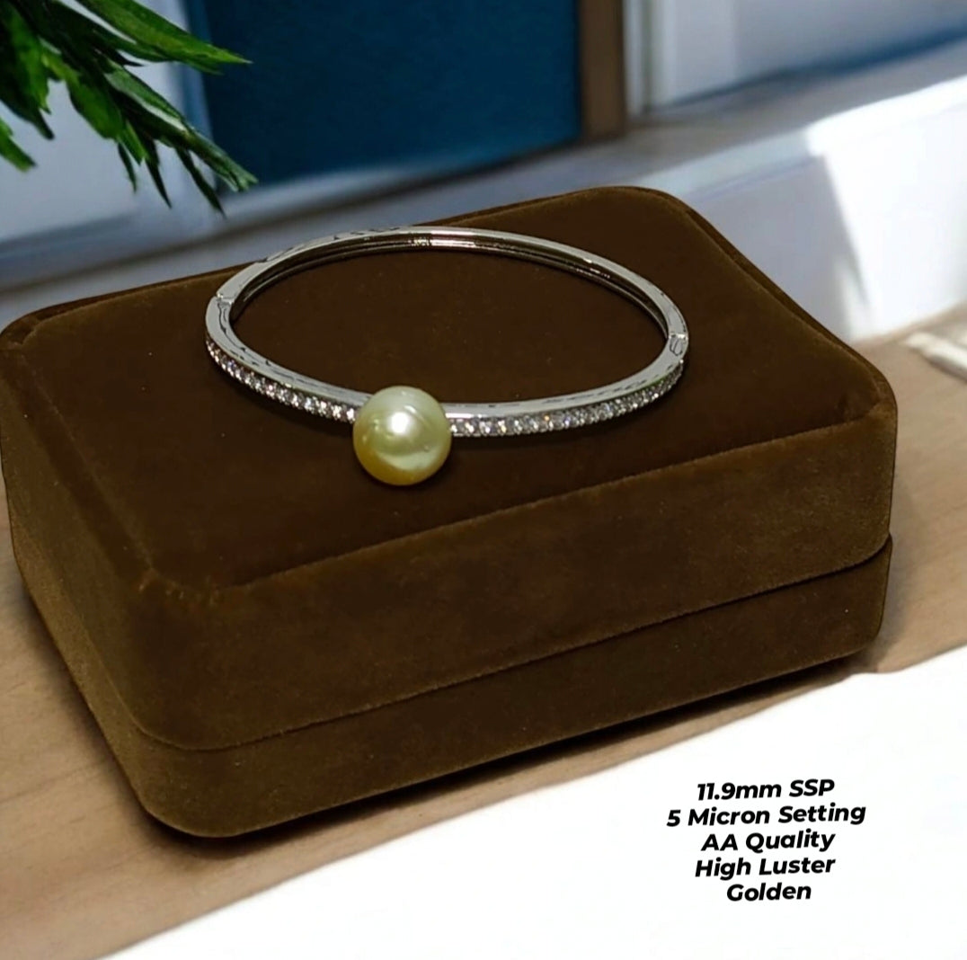 New Arrival! 11.9mm Authentic Golden Color South Sea Pearl Bangle in 5 Micron Setting