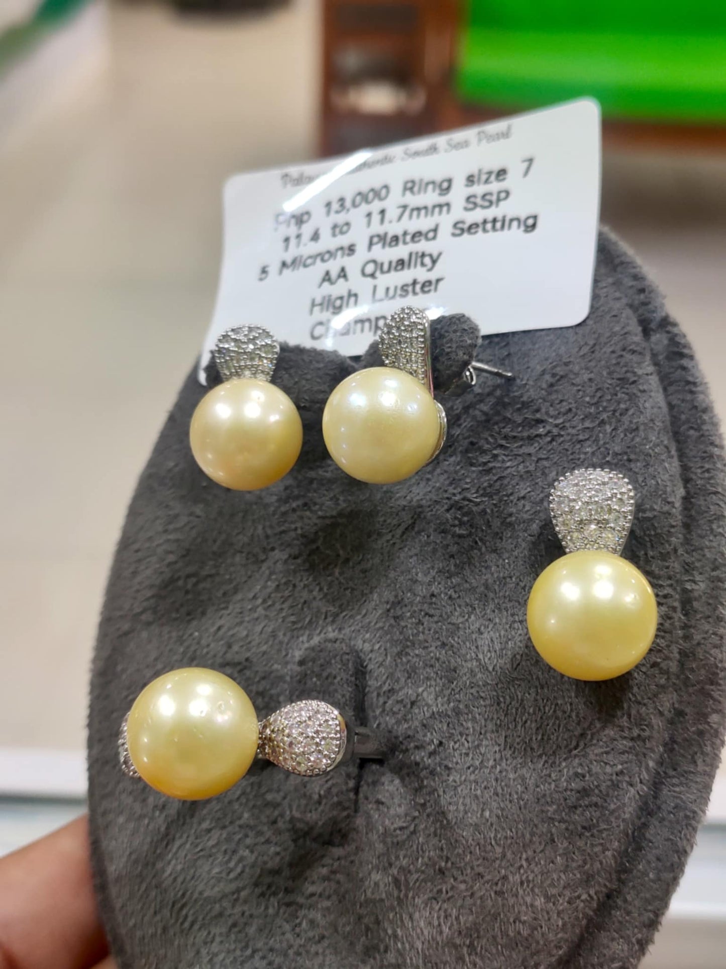 11.4mm to 11.7mm size 7 Authentic Champagne Color South Sea Pearls Sets in 5 Micron Plated Settings