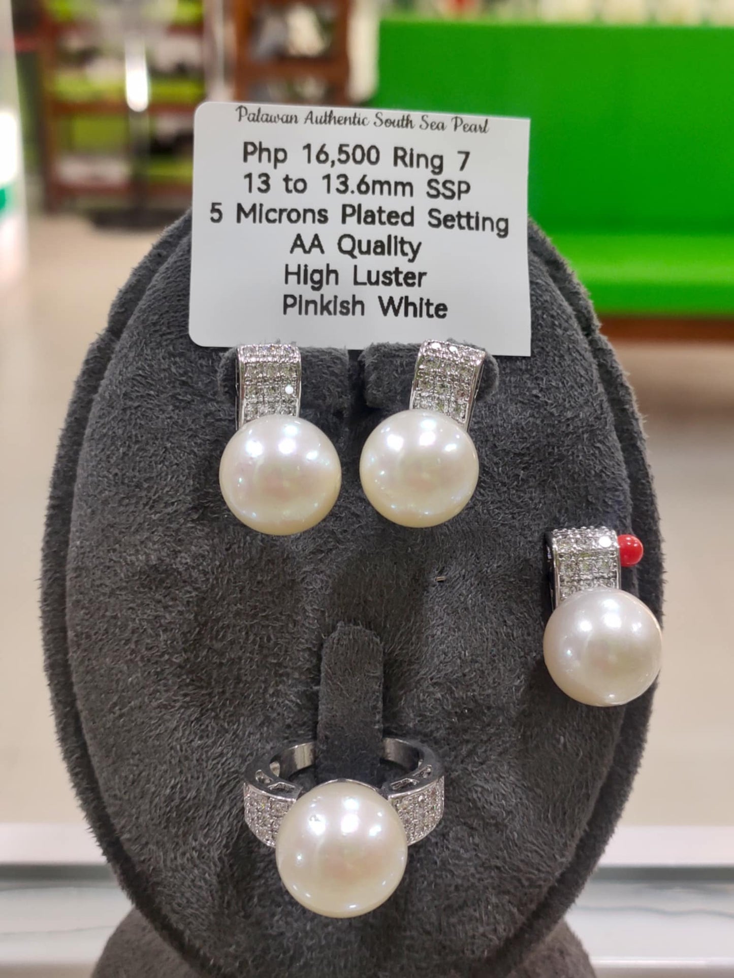 13mm to 13.6mm Authentic Pinkish White Color South Sea Pearls Sets in 5 Micron Plated Settings