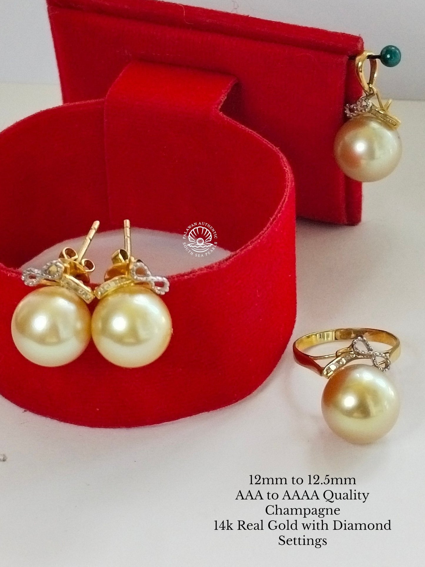 12mm to 12.5mm Palawan Authentic Champagne Color South Sea Pearl in 14k Real Gold and Diamonds