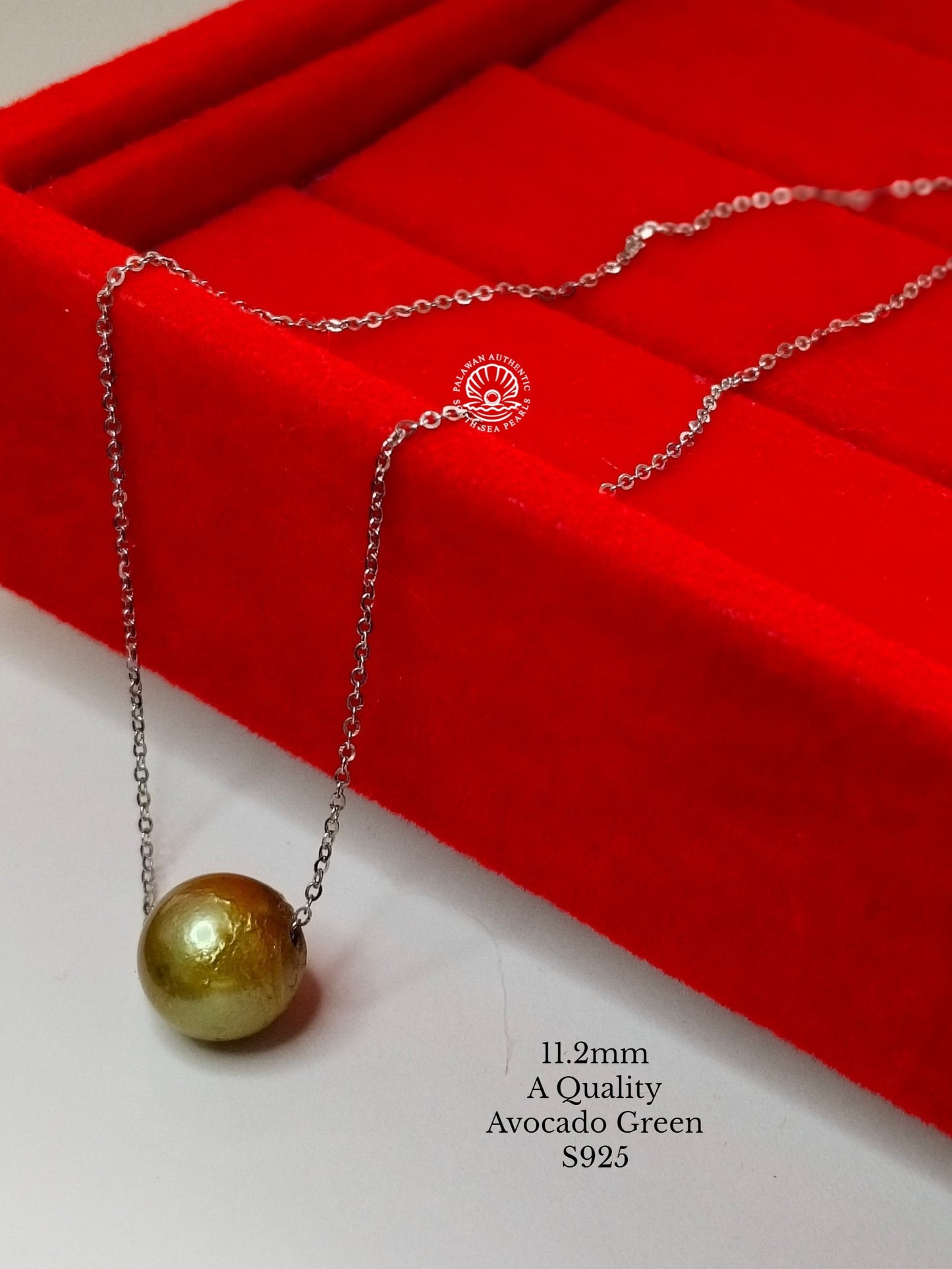 11.2mm Palawan Authentic Avocado Green Color South Sea Pearl Floating Necklace in S925