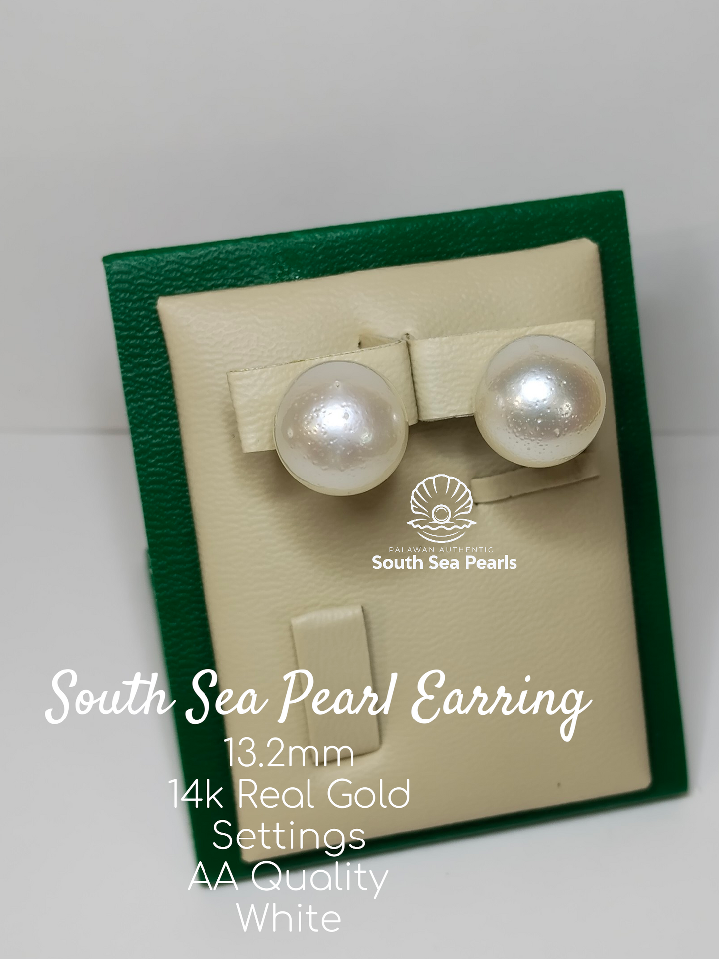 13.2mm Palawan Authentic White Color South Sea Pearl Earring in 14k Real Gold Settings