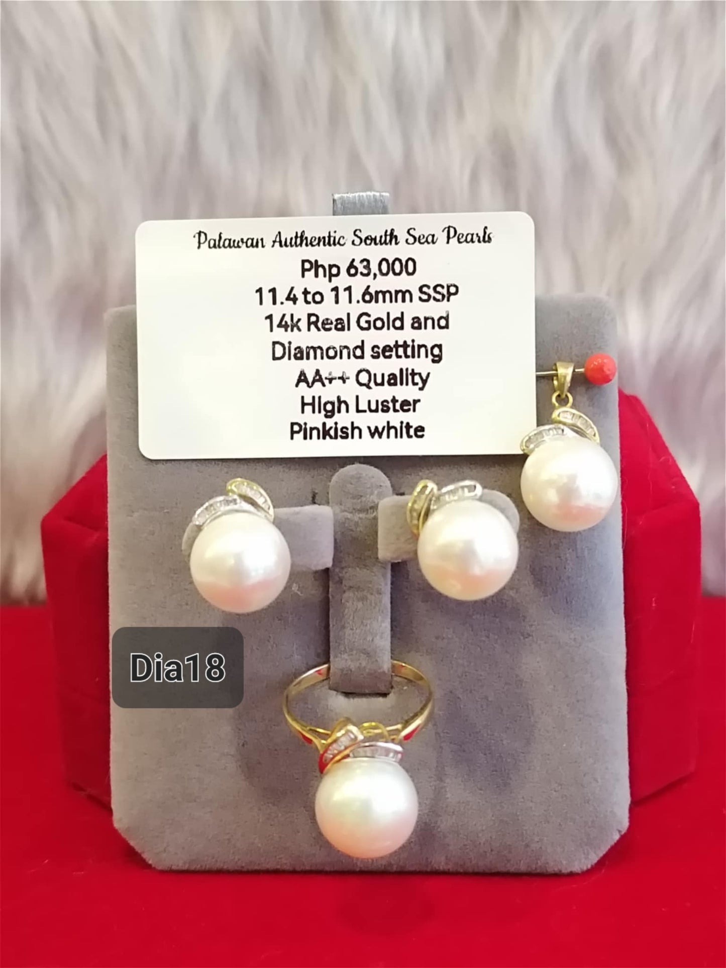11.4mm to 11.6mm Authentic Pinkish White Color South Sea Pearls Set in 14K Gold with Diamonds