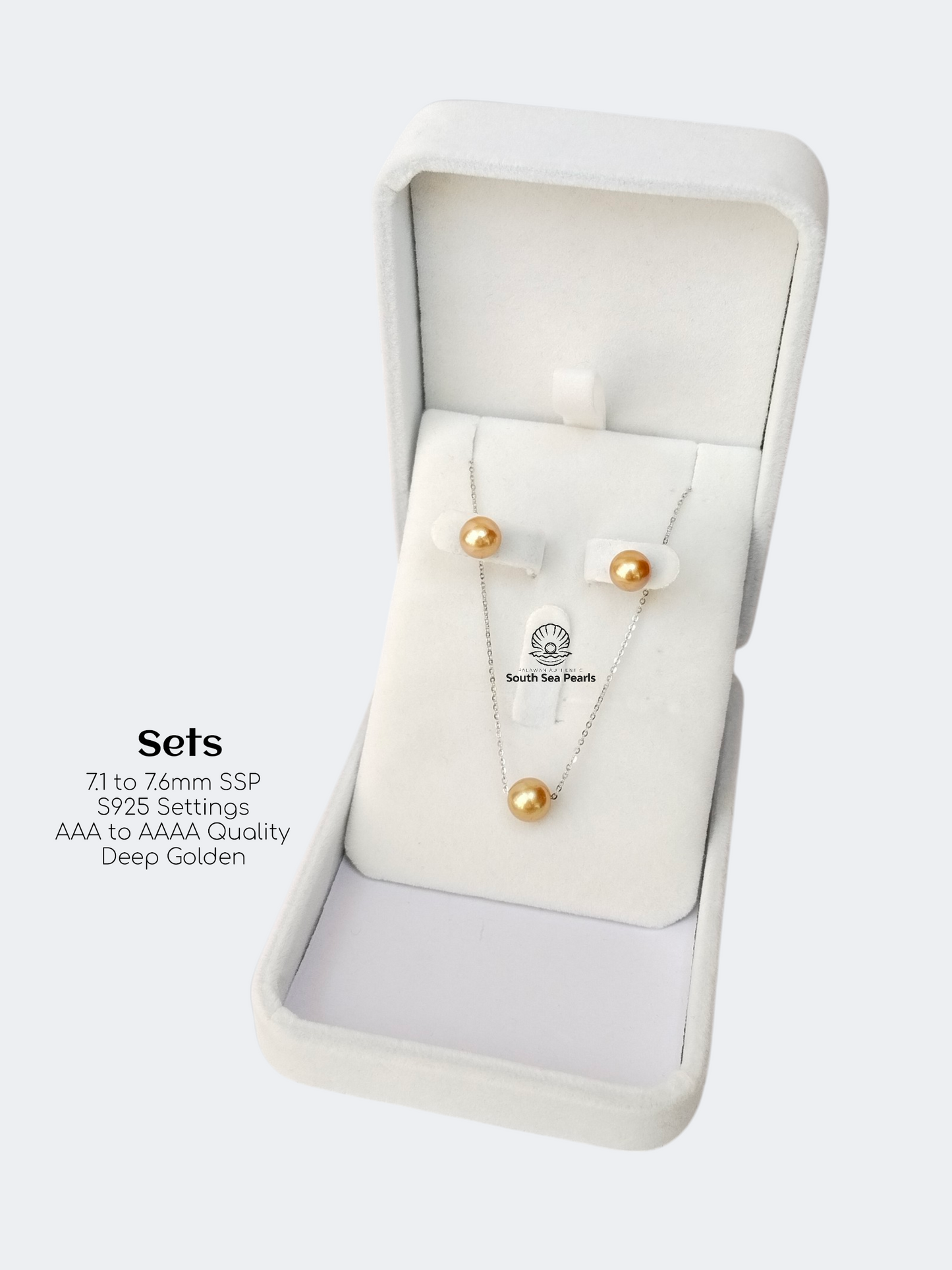 7.1mm to 7.6mm Palawan Authentic Deep Golden Color South Sea Pearl Sets in S925 Settings