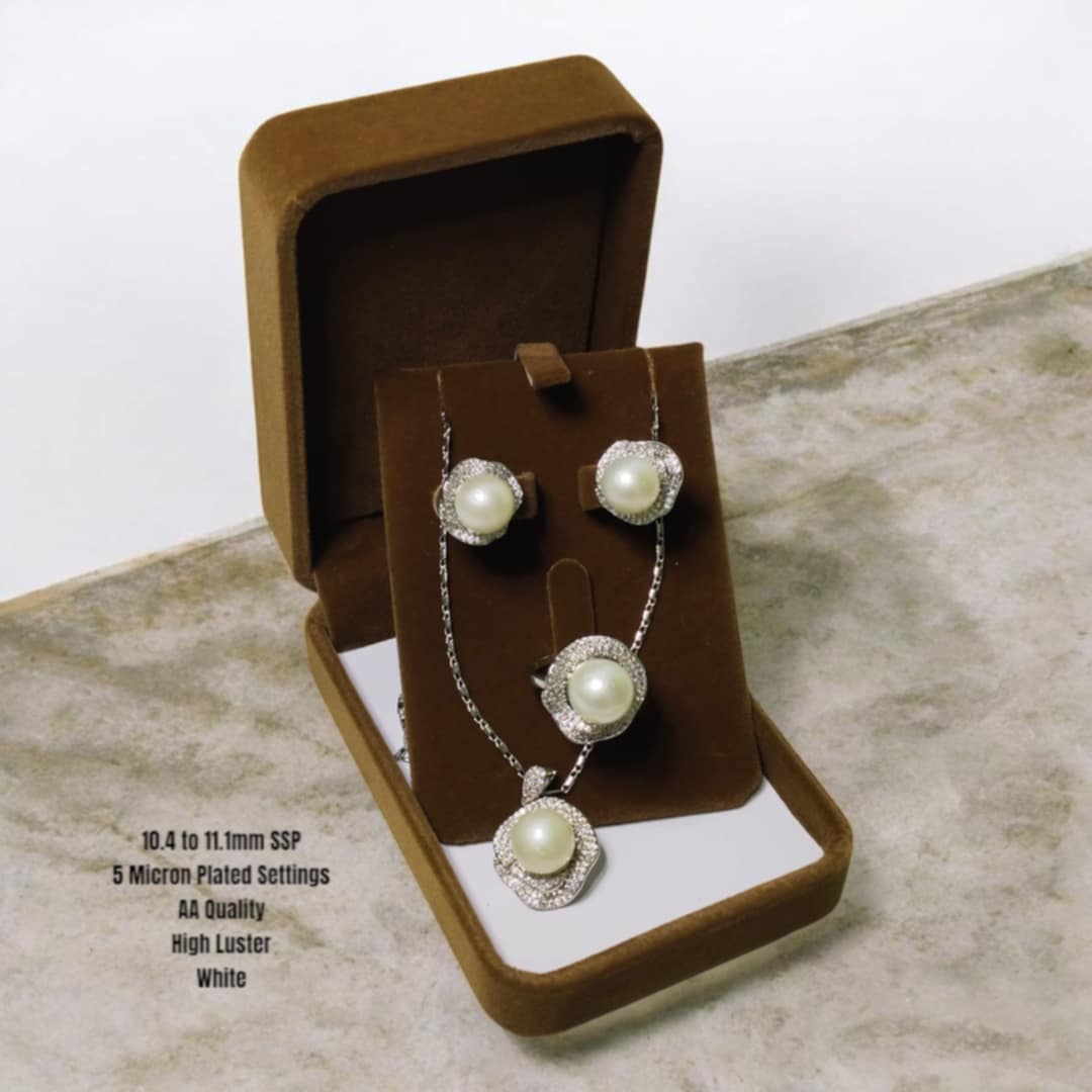 New Arrival! 10.4mm to 11.1mm Authentic White South Sea Pearl Sets in 5 Micron Plated Settings
