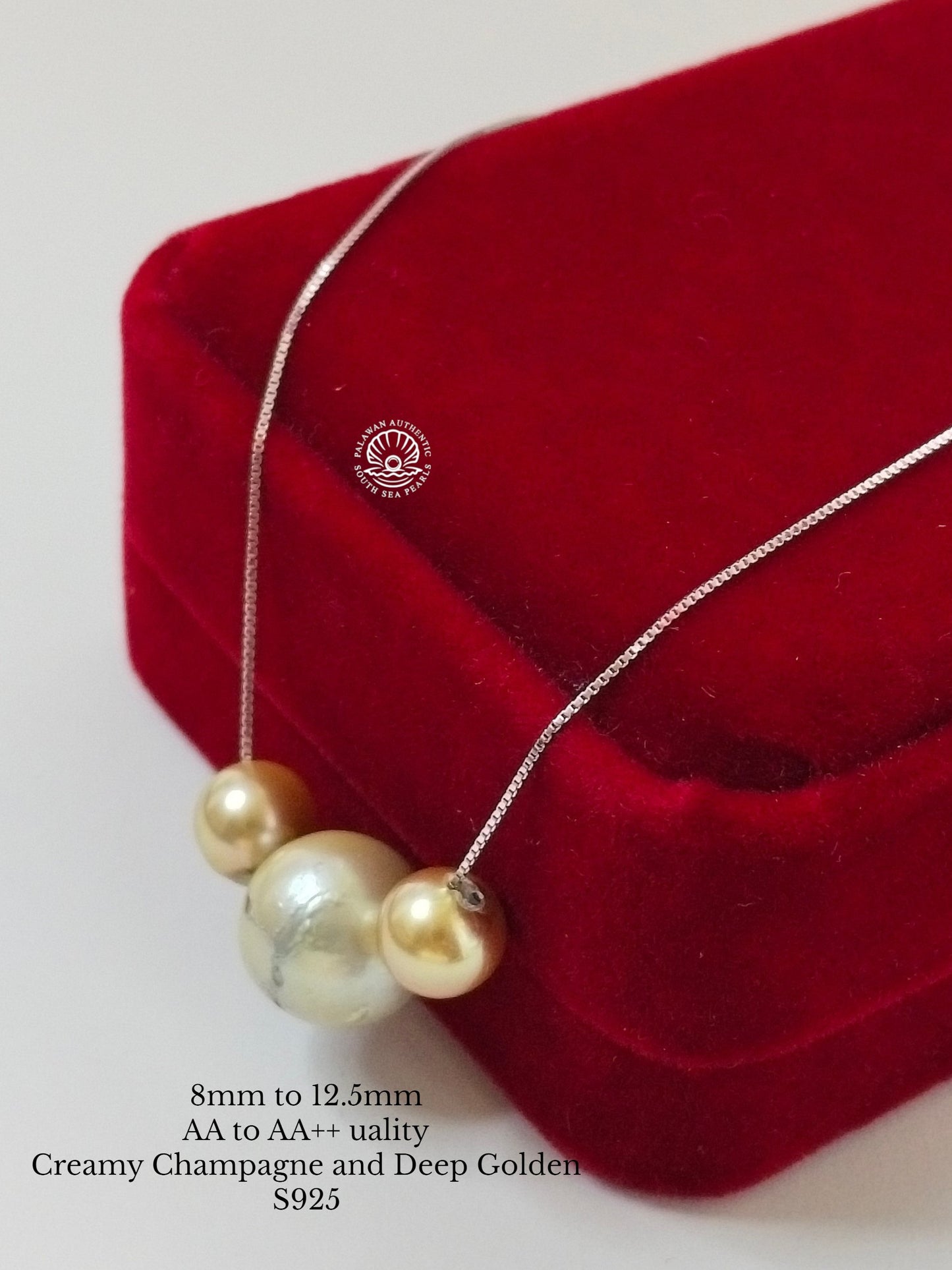 8 to 12.5mm Palawan Authentic Creamy Champagne and Deep Golden Color South Sea Pearl Floating Necklace in S925