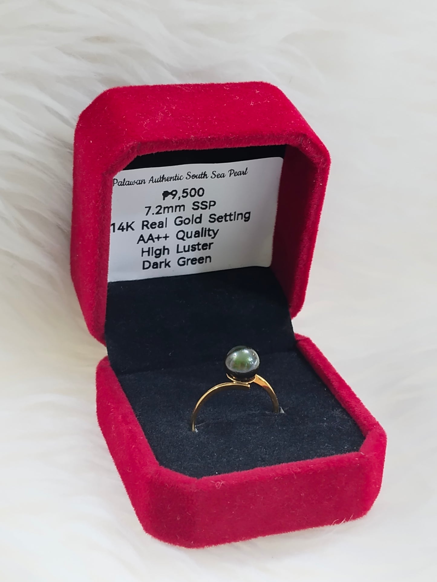 7.2mm Authentic Dark Green Color South Sea Pearl Rings in 14k Real Gold Settings