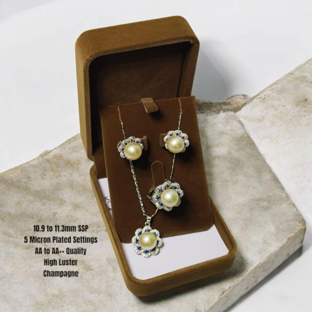New Arrival! 10.9mm to 11.3mm Authentic Champagne Color South Sea Pearl Sets in 5 Micron Plated Settings