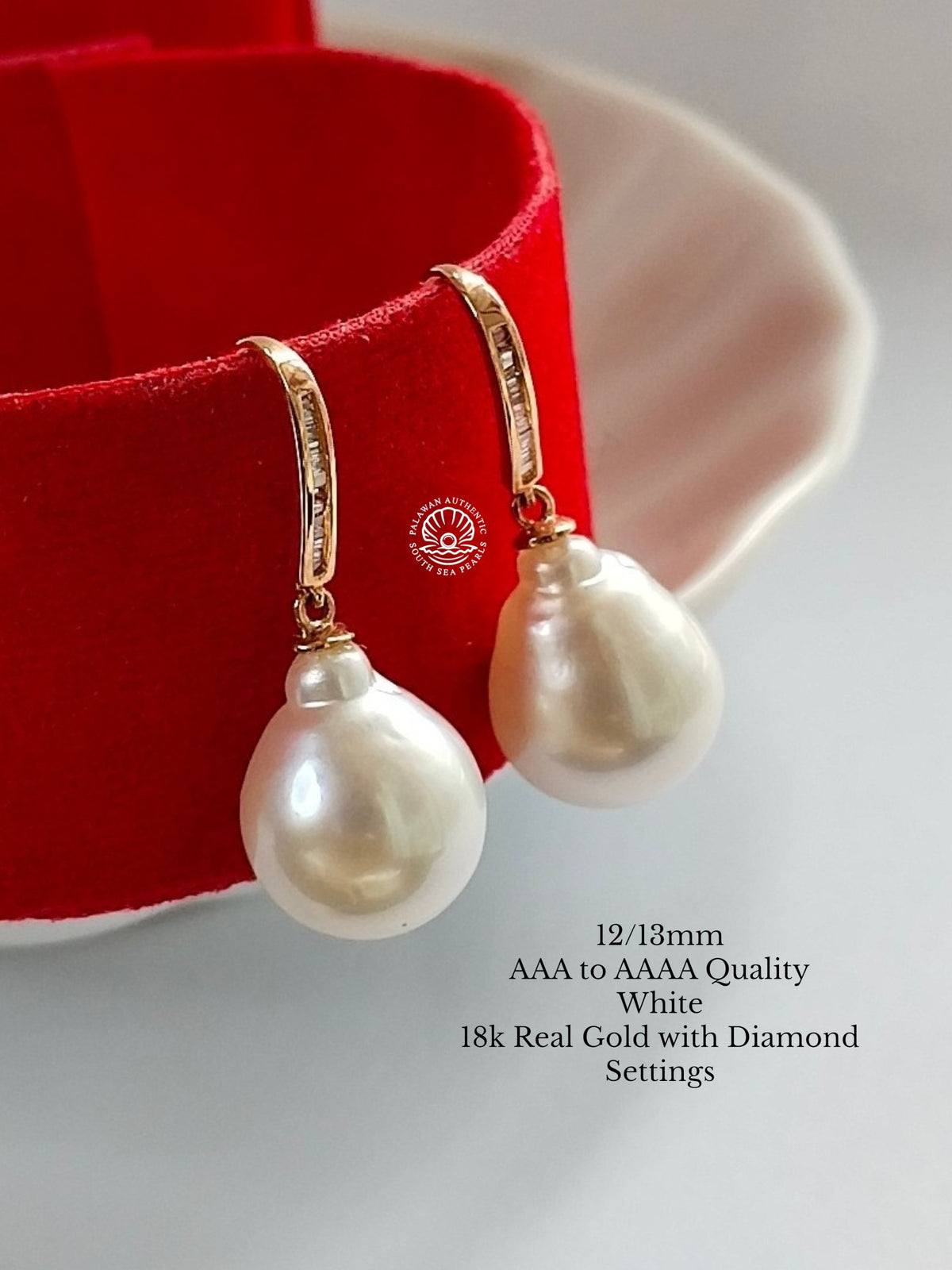 12/13mm Palawan Authentic White Color South Sea Pearl in 18k Real Gold and Diamonds