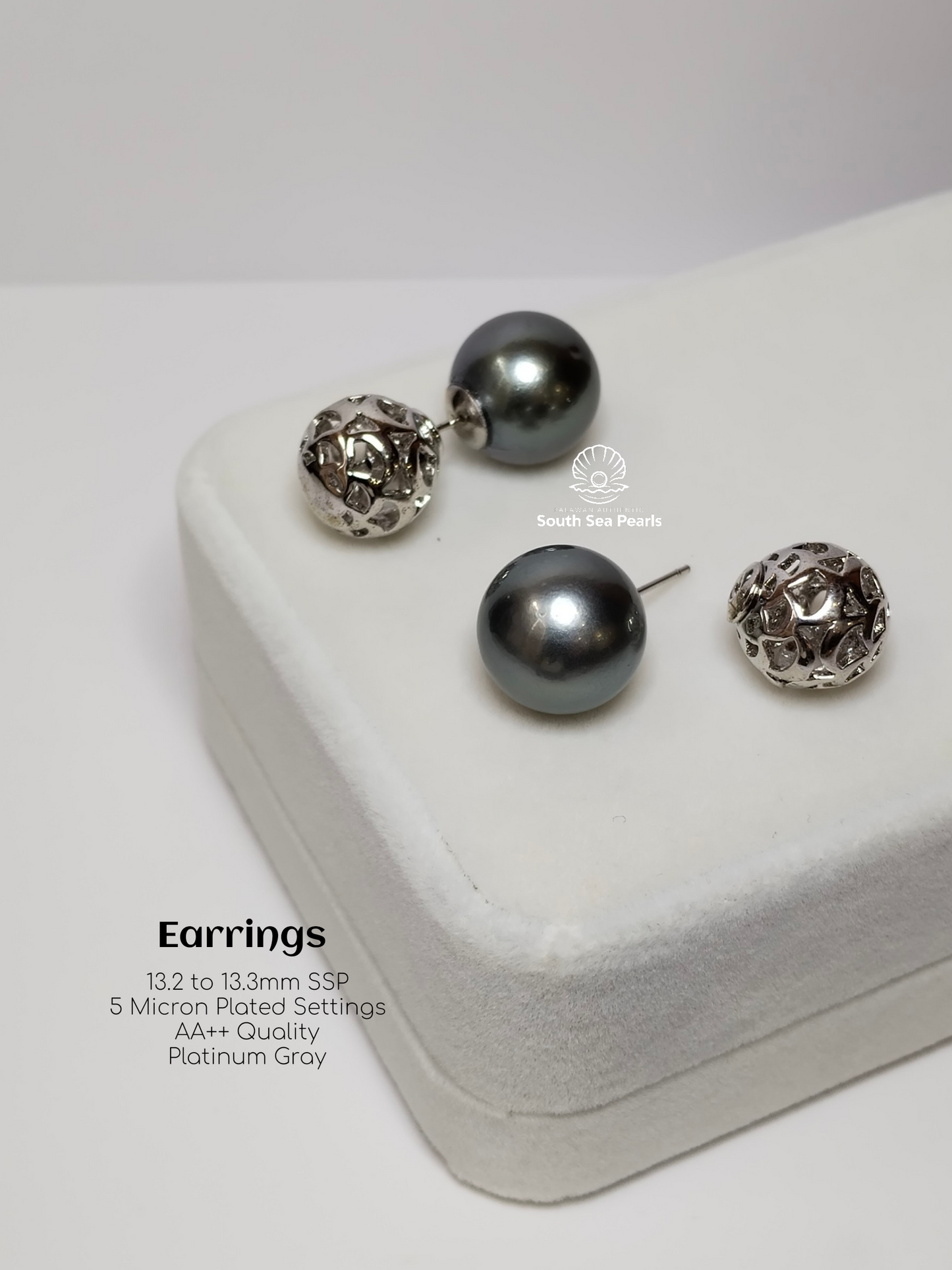 13.2mm to 13.3mm Palawan Authentic Platinum Gray Color South Sea Pearl Special Design in 5 Micron Plated Settings