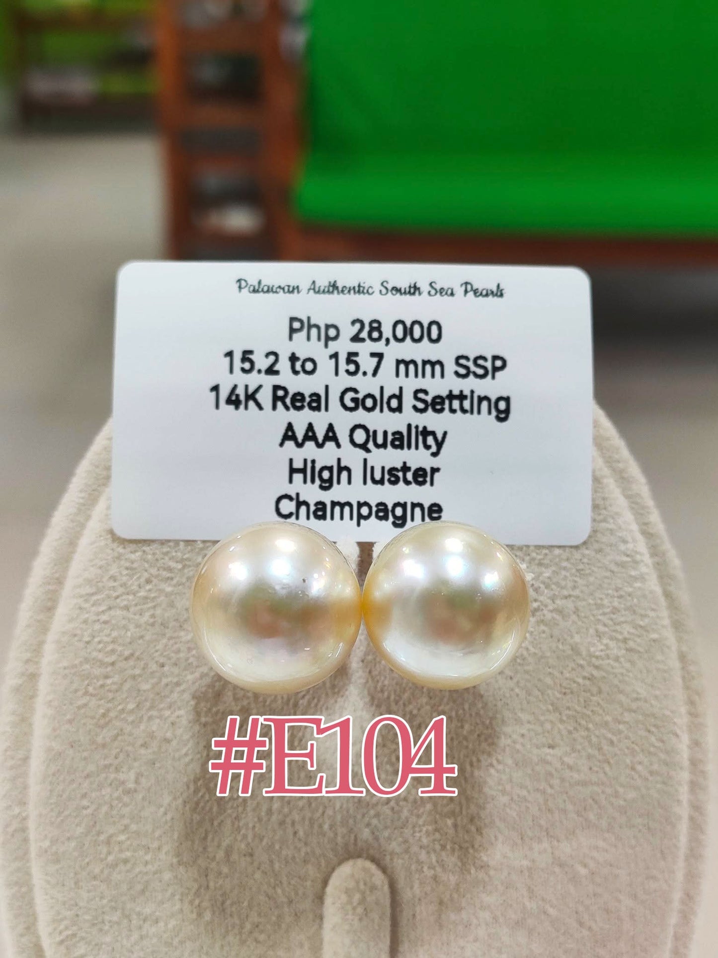 New Arrival! 15.2mm to 15.7mm Champagne Color South Sea Pearls Stud Earrings