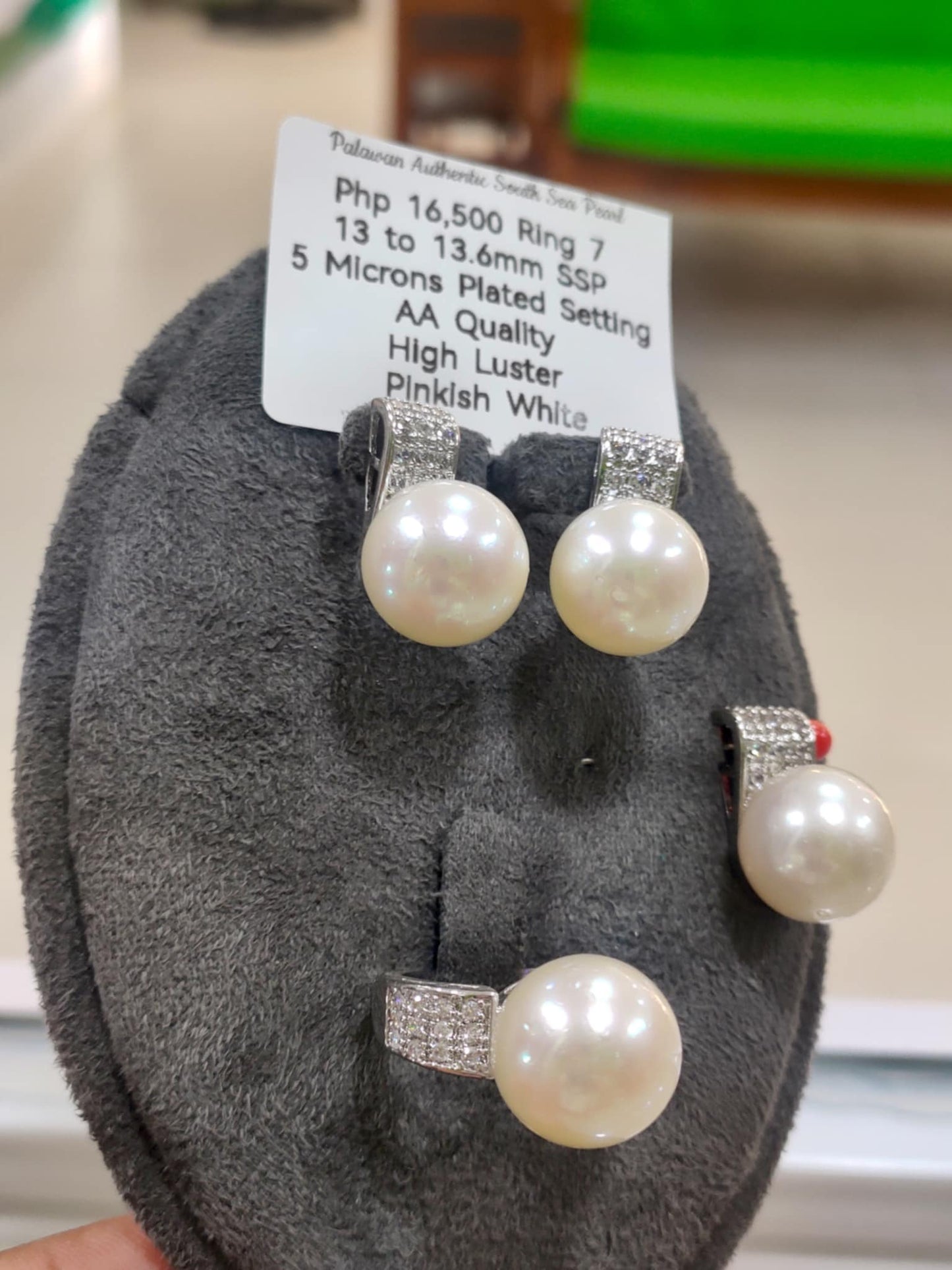 13mm to 13.6mm Authentic Pinkish White Color South Sea Pearls Sets in 5 Micron Plated Settings