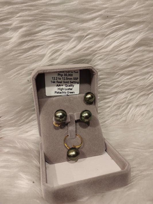 12.2mm to 12.5mm Authentic Pistachio Green Color South Sea Pearl Sets in 14k Real Gold Settings