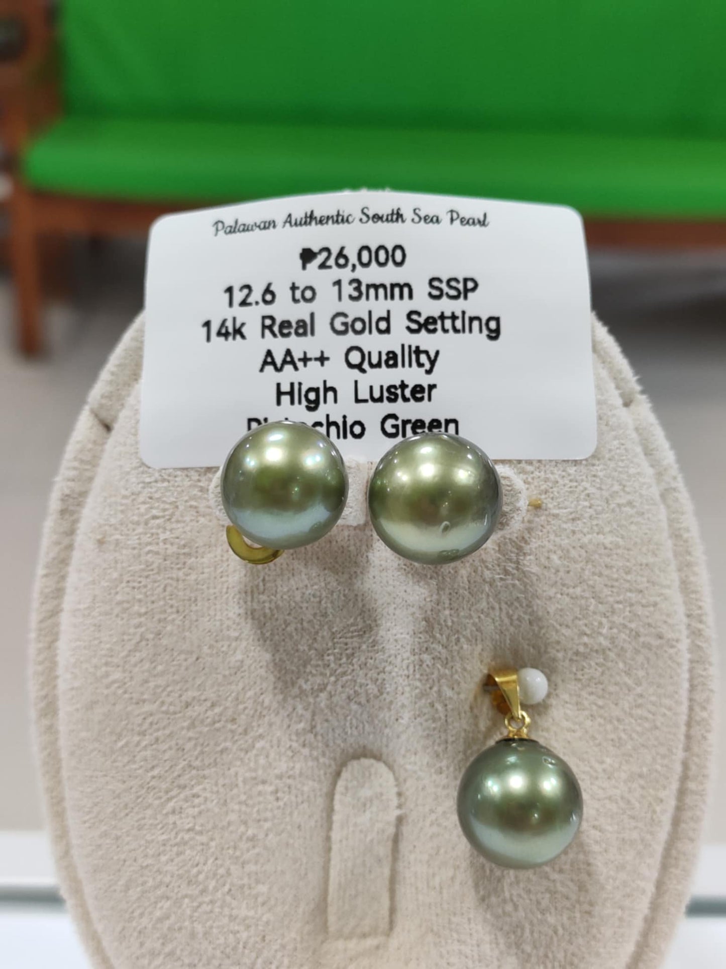 New Arrival! 12.6mm to 13mm Authentic Pistachio Green South Sea Pearls Sets in 14k Real Gold Settings