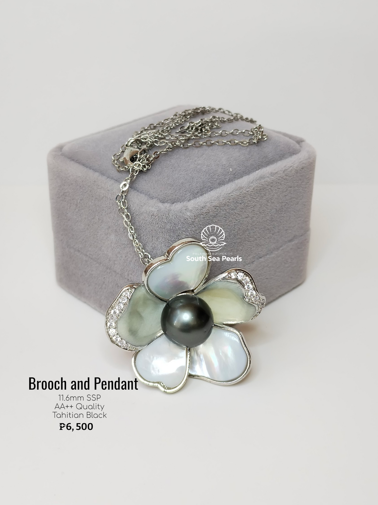 11.6mm Palawan Authentic Tahitian Black Color South Sea Pearl Brooch in 5 Micron Plated Settings