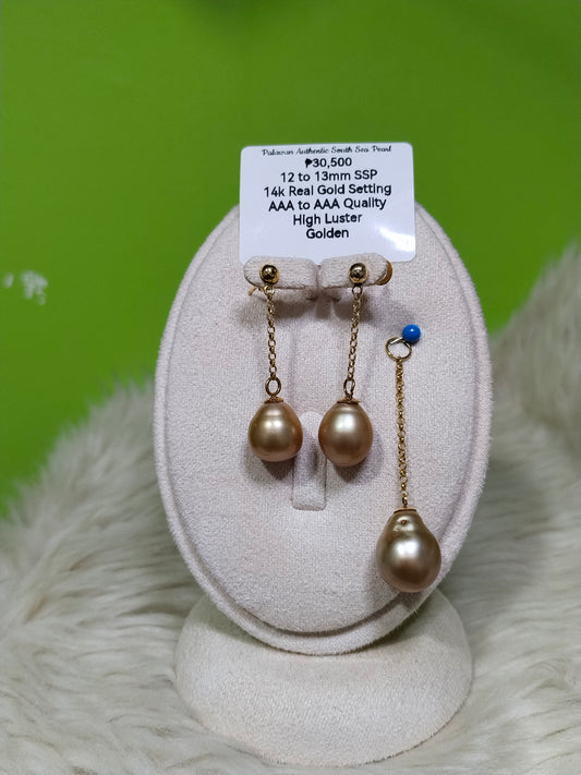 12mm to 13mm Authentic Golden Color South Sea Pearl Sets in 14k Real Gold Settings