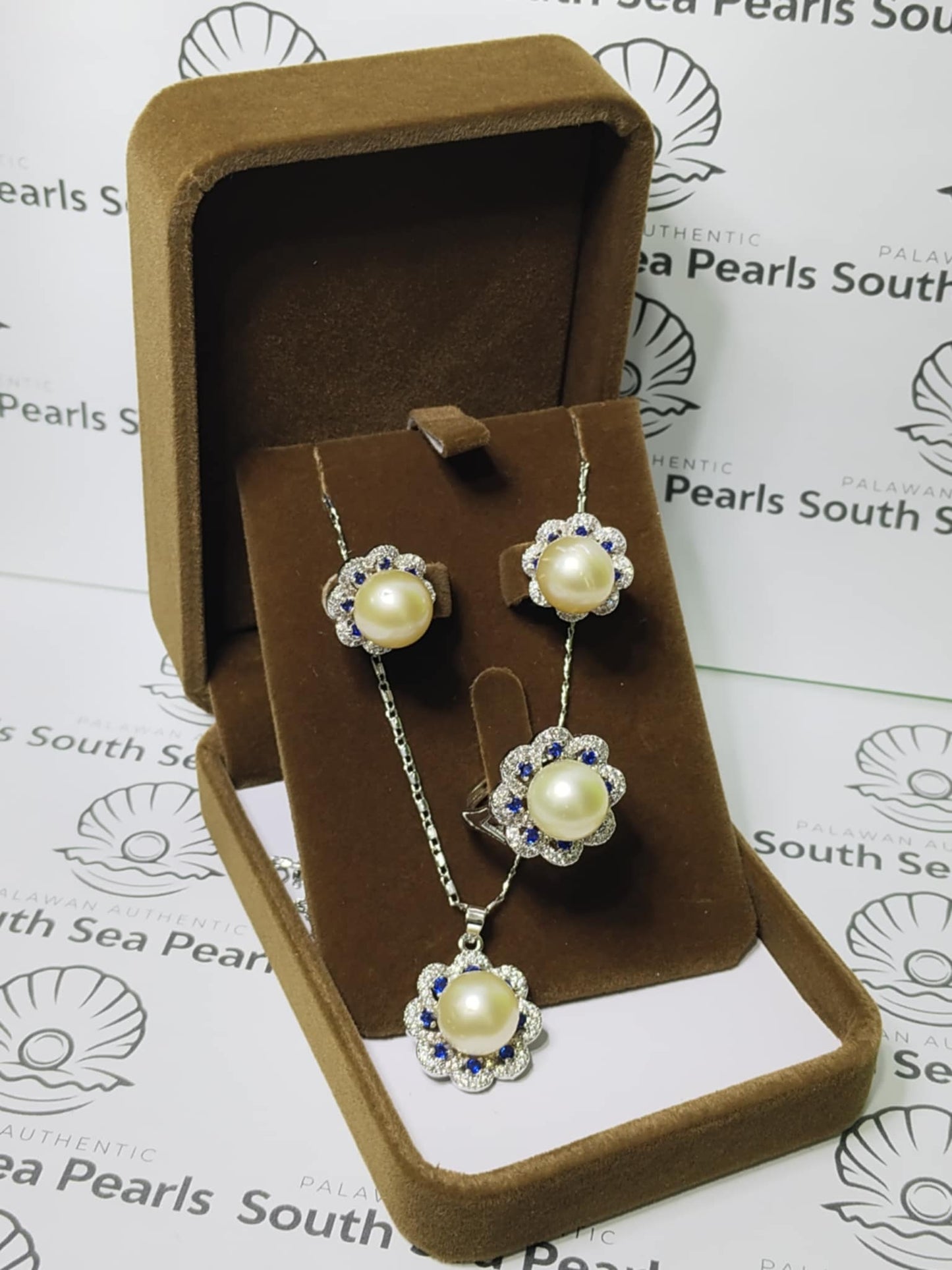 New Arrival! 10.9mm to 11.3mm Authentic Champagne Color South Sea Pearl Sets in 5 Micron Plated Settings