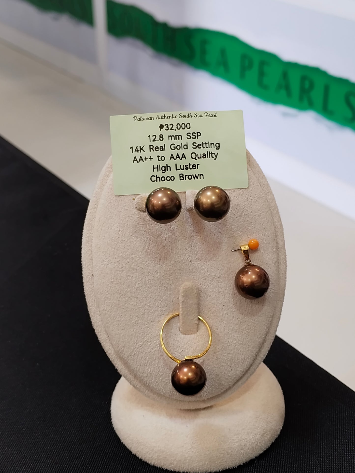 12.8mm Authentic Choco Brown Color South Sea Pearl Sets in 14k Real Gold Settings