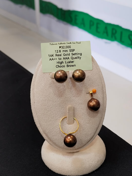 12.8mm Authentic Choco Brown Color South Sea Pearl Sets in 14k Real Gold Settings