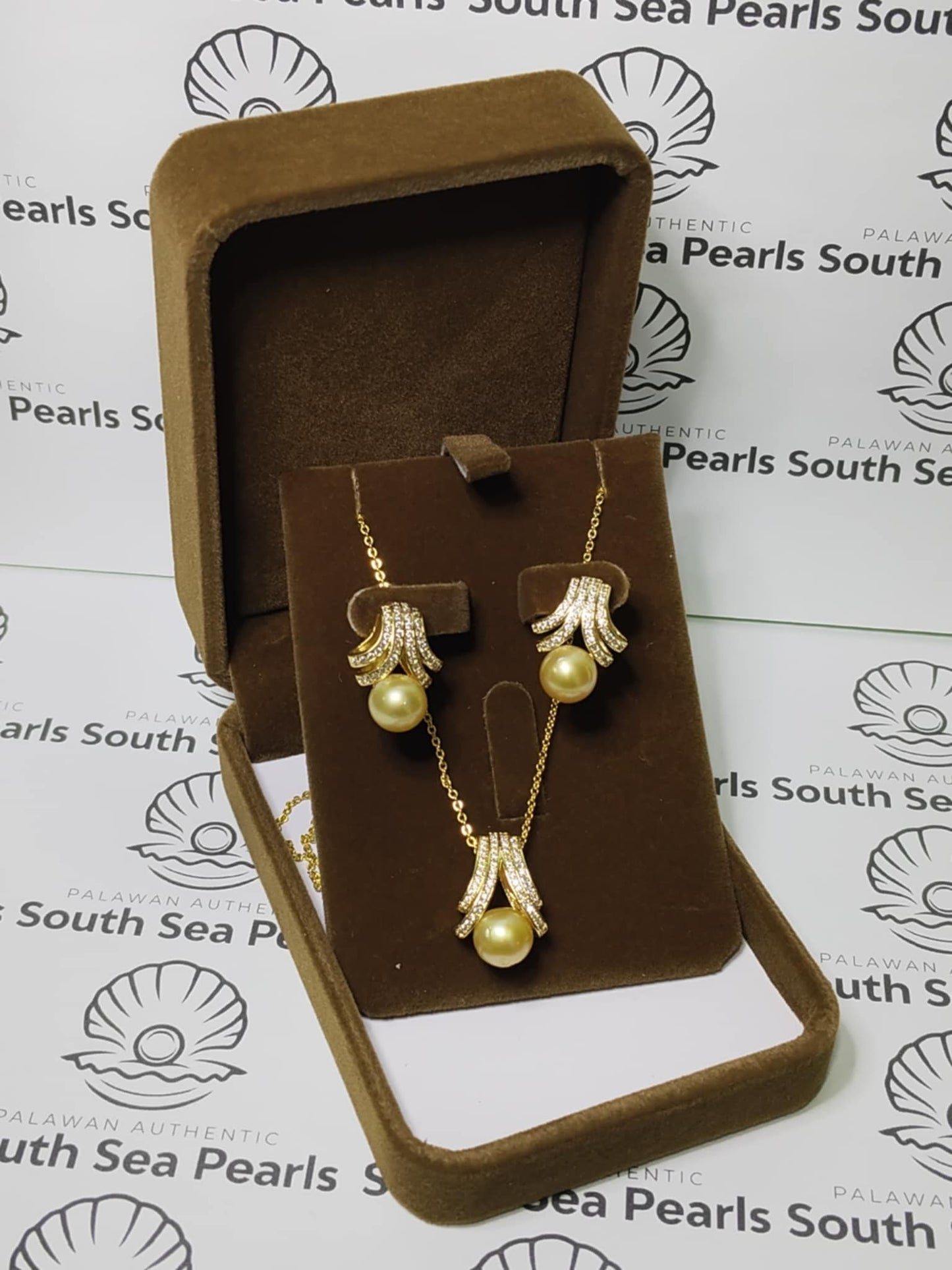 New Arrival! 8.9mm Authentic Golden Champagne Color South Sea Pearl Sets in 5 Micron Plated Settings