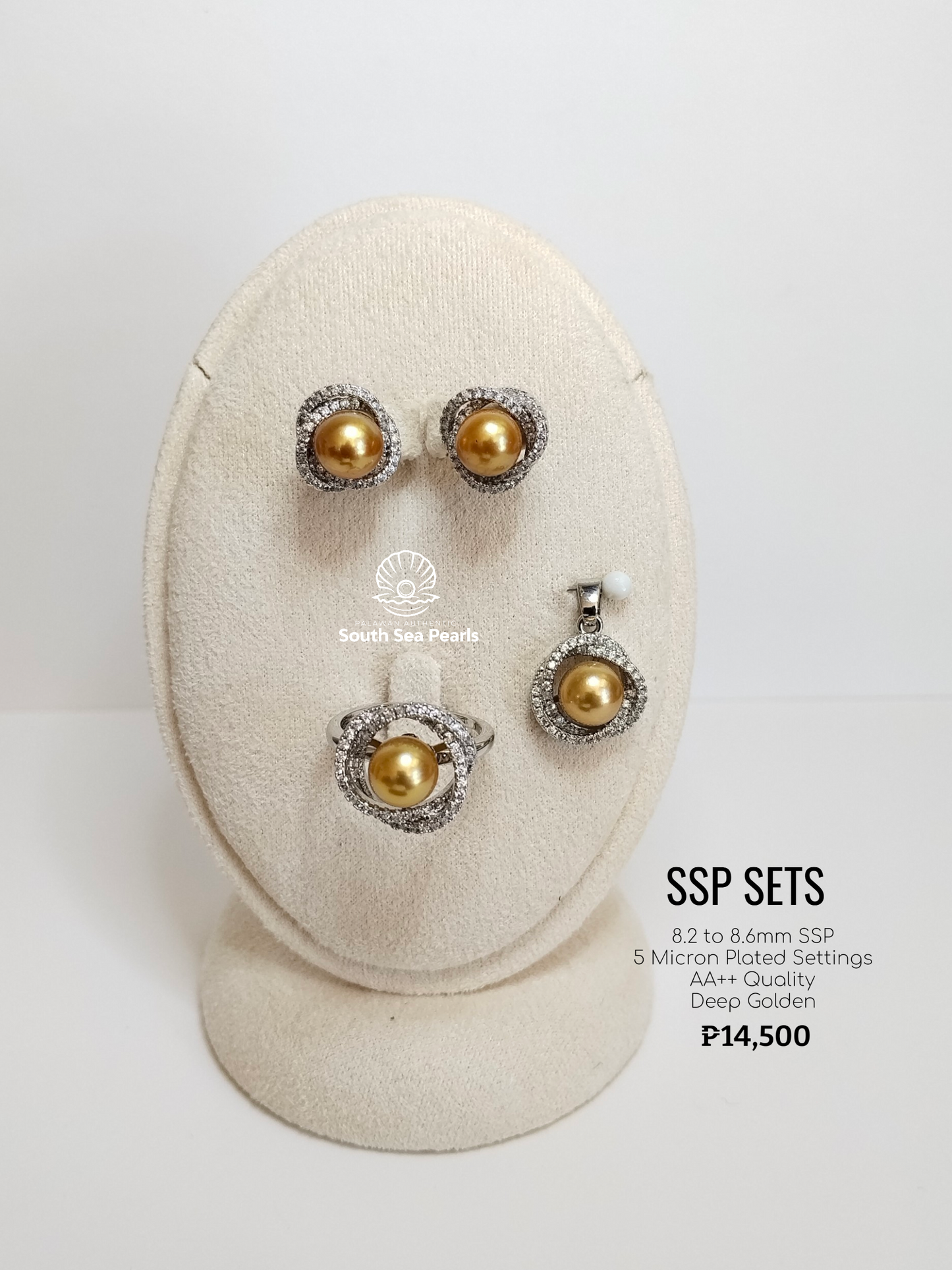 8.2mm to 8.6mm Palawan Authentic Deep Golden Color South Sea Pearl Sets in 5 Micron Plated Settings
