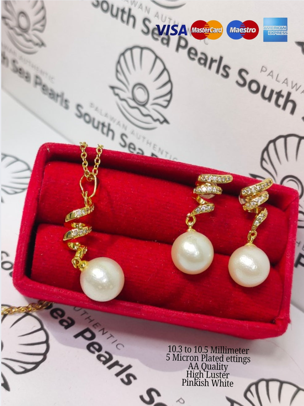 New Arrival! 10.3 to 10.5mm Authentic Pinkish White Color South Sea Pearl Set in 5 Micron Settings