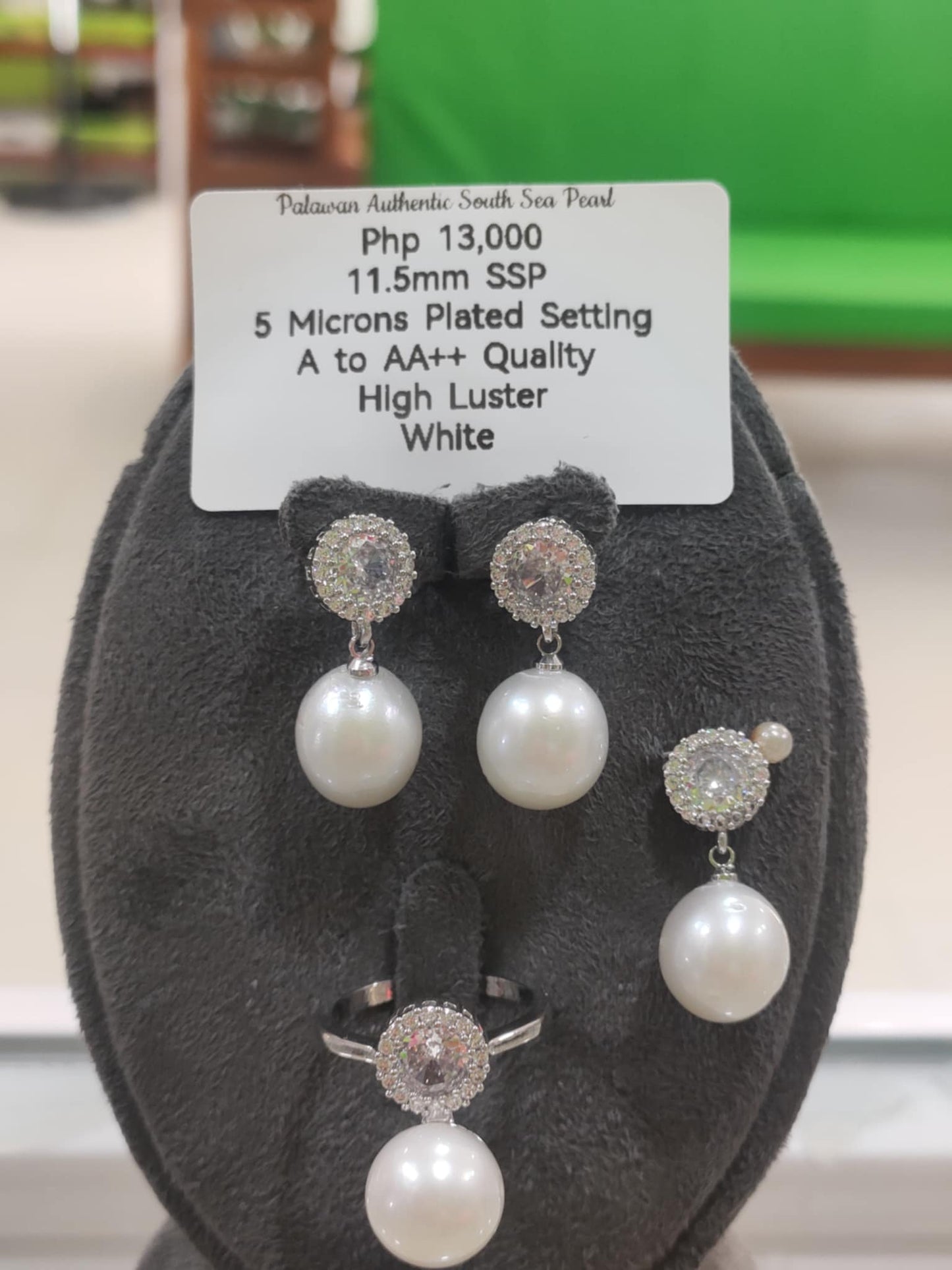 11.5mm Authentic White South Sea Pearls Sets in 5 Microns Plated Settings
