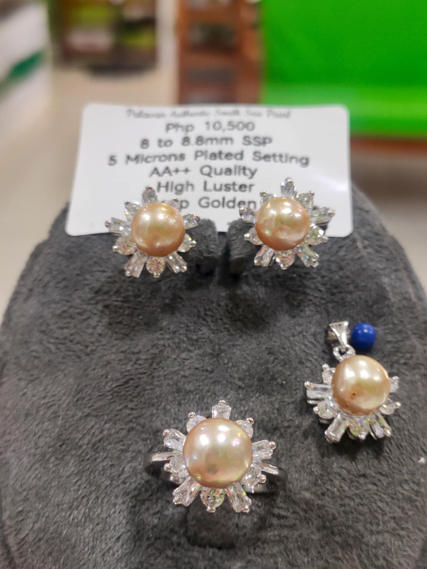 8mm to 8.8mm Authentic Deep Golden Color South Sea Pearls Sets in 5 Micron Plated Settings