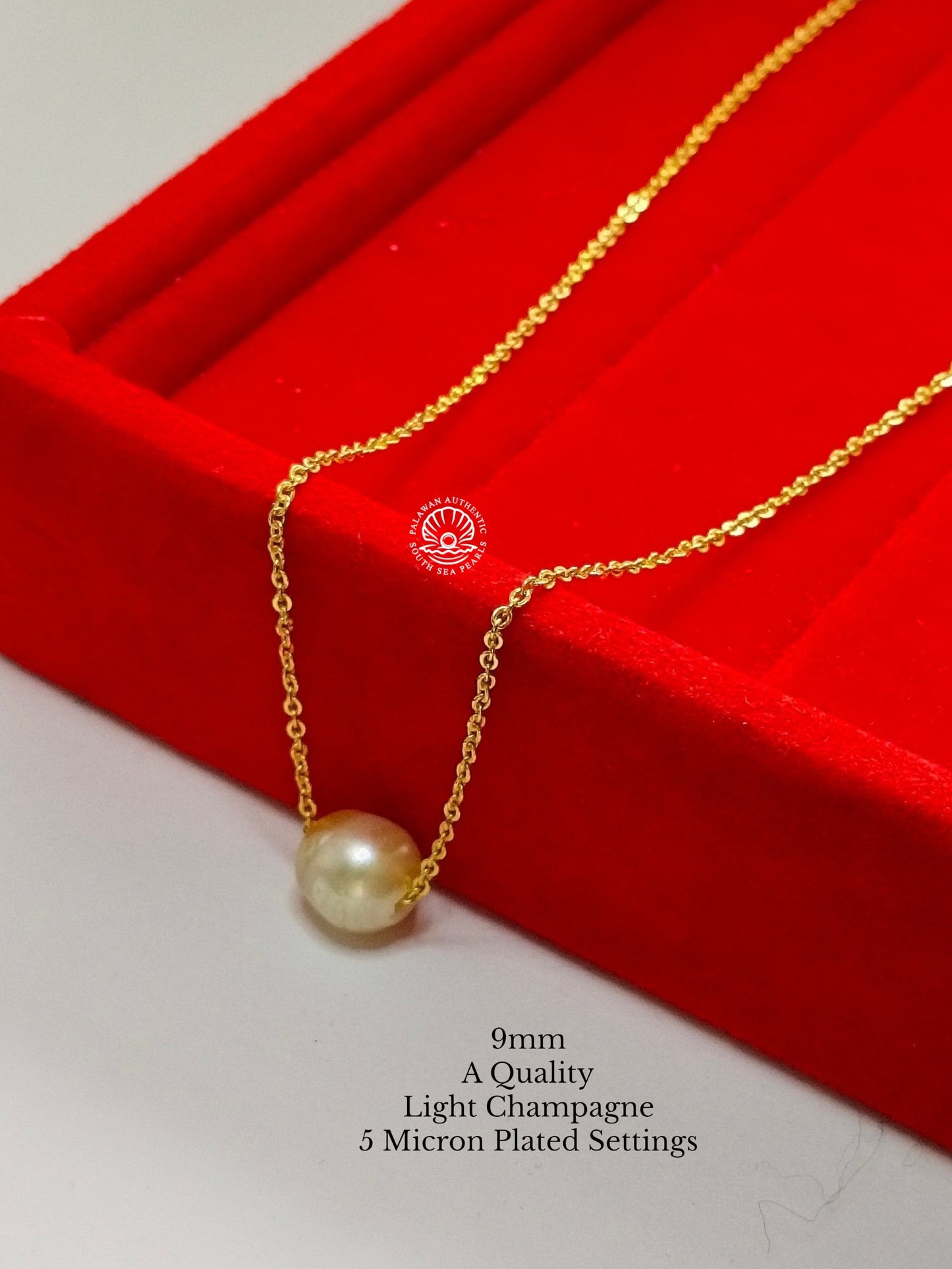 9mm Palawan Authentic Light Champagne Color South Sea Pearl Floating Necklace in 5 Micron Plated