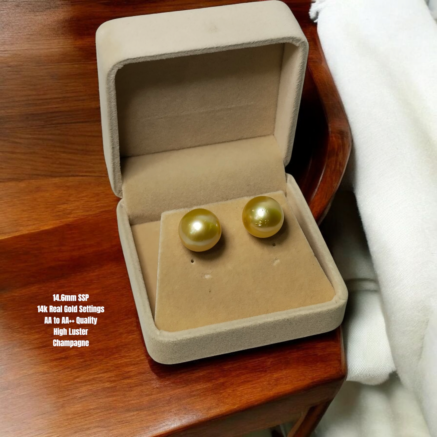 New Arrival! 14.6mm Authentic Champagne Color South Sea Pearls Earrings in 14K Gold Settings