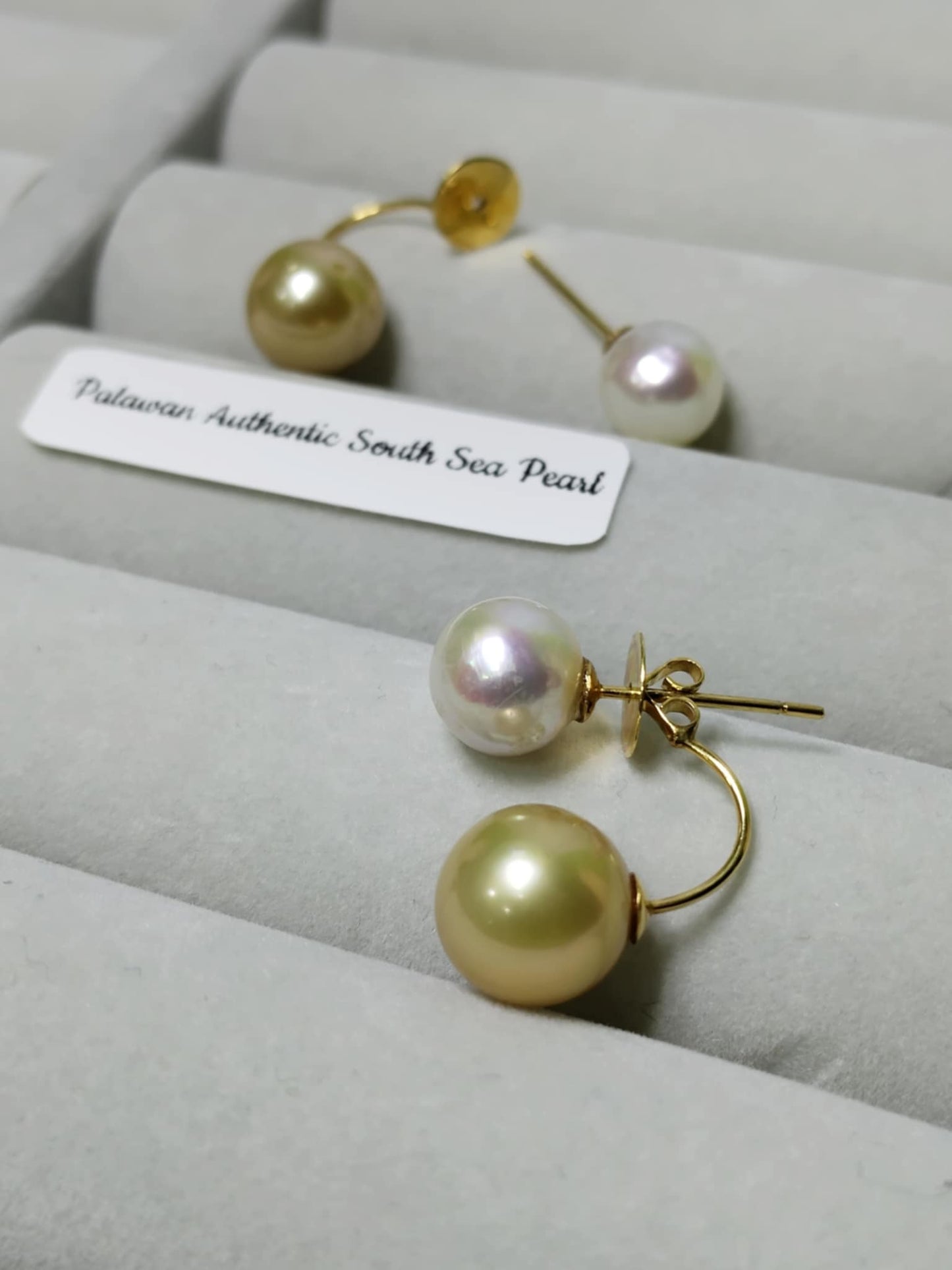 New Arrival! 8.6mm to 10mm Authentic White and Golden Color South Sea Pearl Earrings in 14k Real Gold Settings