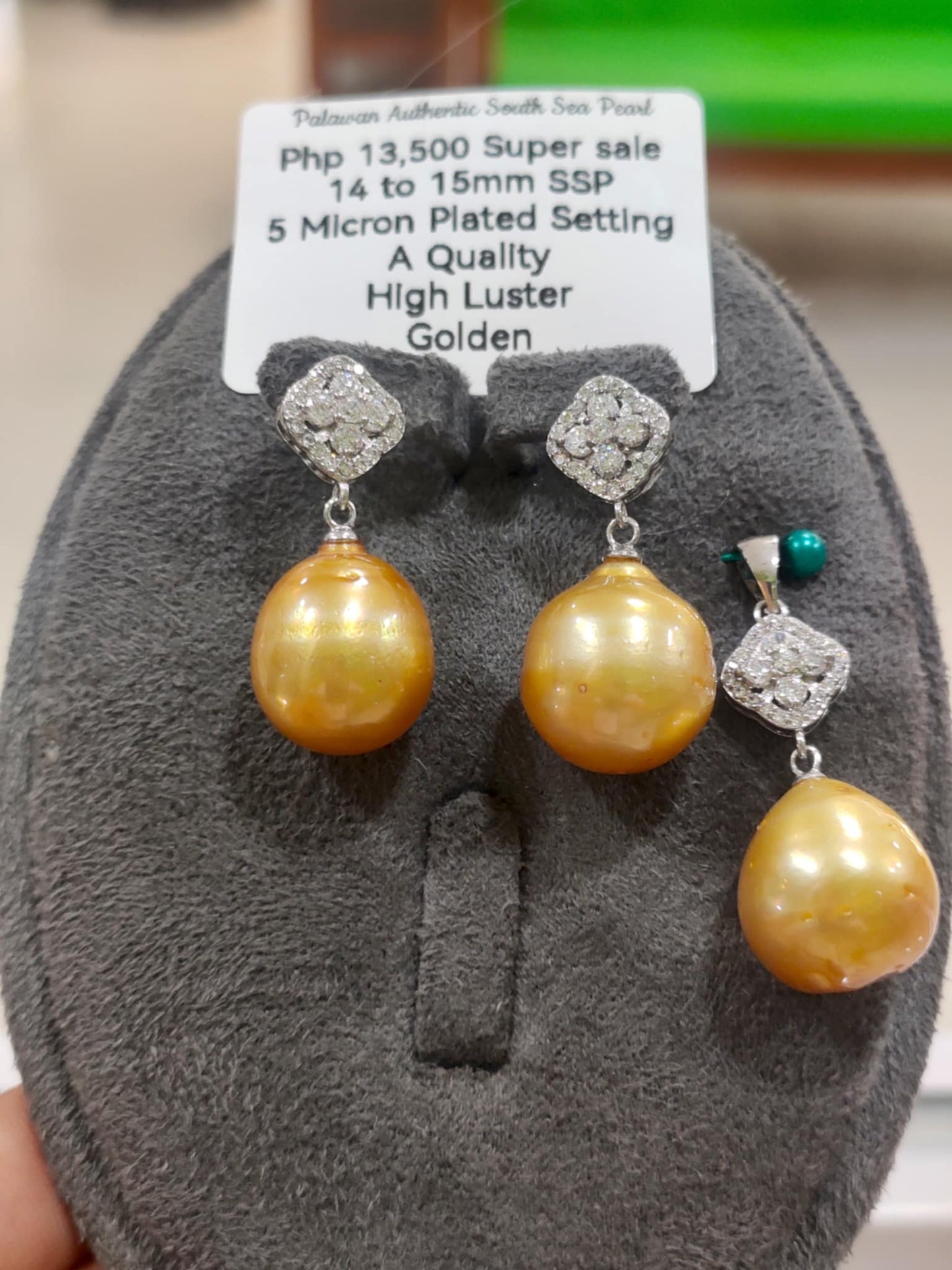 14mm to 15mm Authentic Golden Color South Sea Pearls Sets in 5 Micron Plated Settings