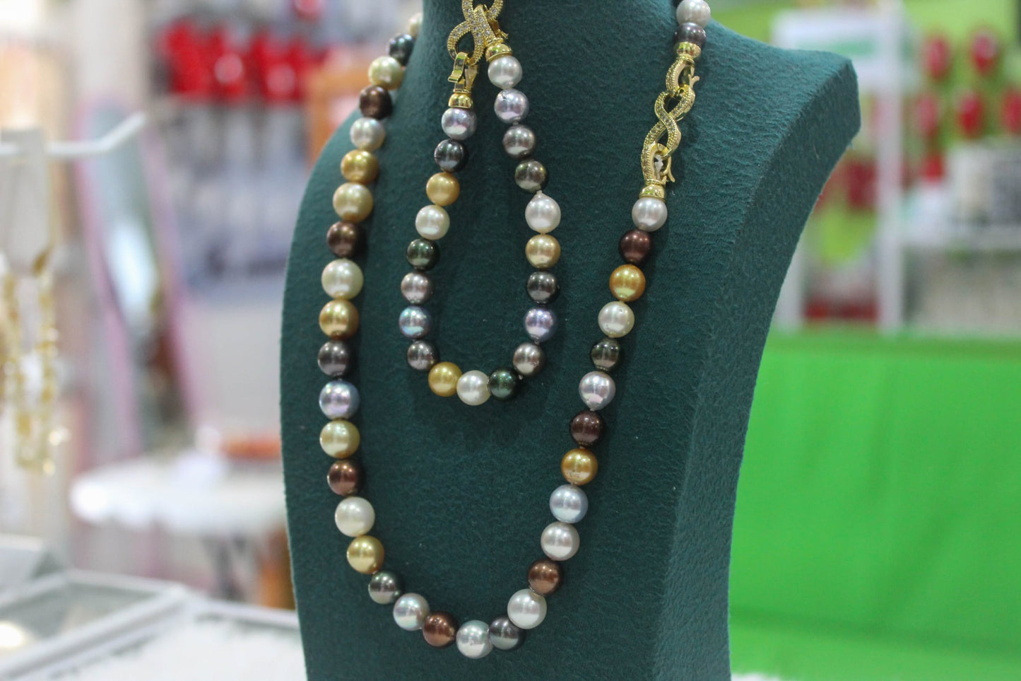 New Arrival! 8mm to 10.2mm Authentic Multi-Color South Sea Pearls Choker Necklace with Bracelet in 5 Microns Settings