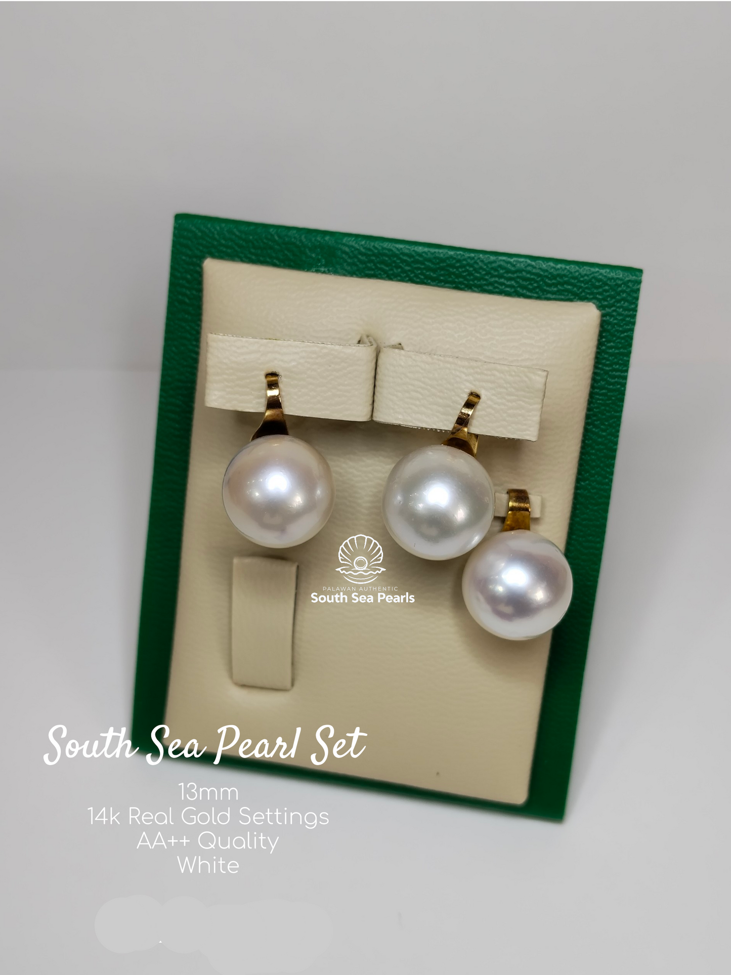 13mm Palawan Authentic White Color South Sea Pearl Sets in 14k Real Gold Settings
