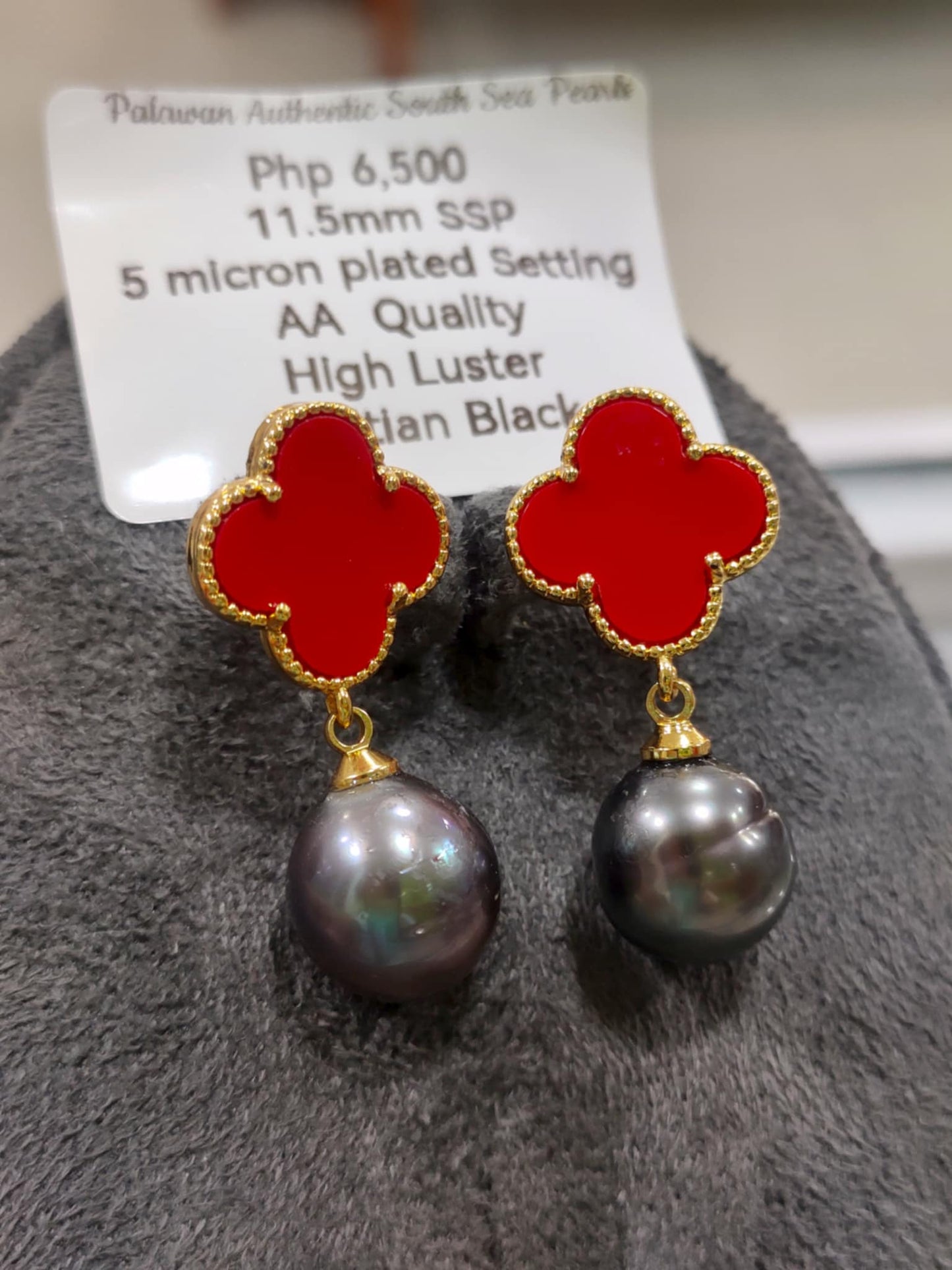 11.5mm Authentic Tahitian Black Color South Sea Pearls in 5 Micron Plated Settings