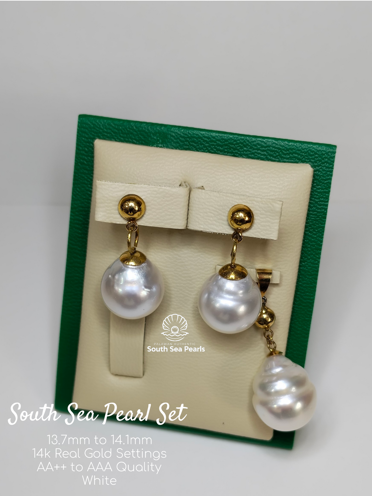 13.7mm to 14.1mm Palawan Authentic White Color South Sea Pearl Sets in 14k Real Gold Settings