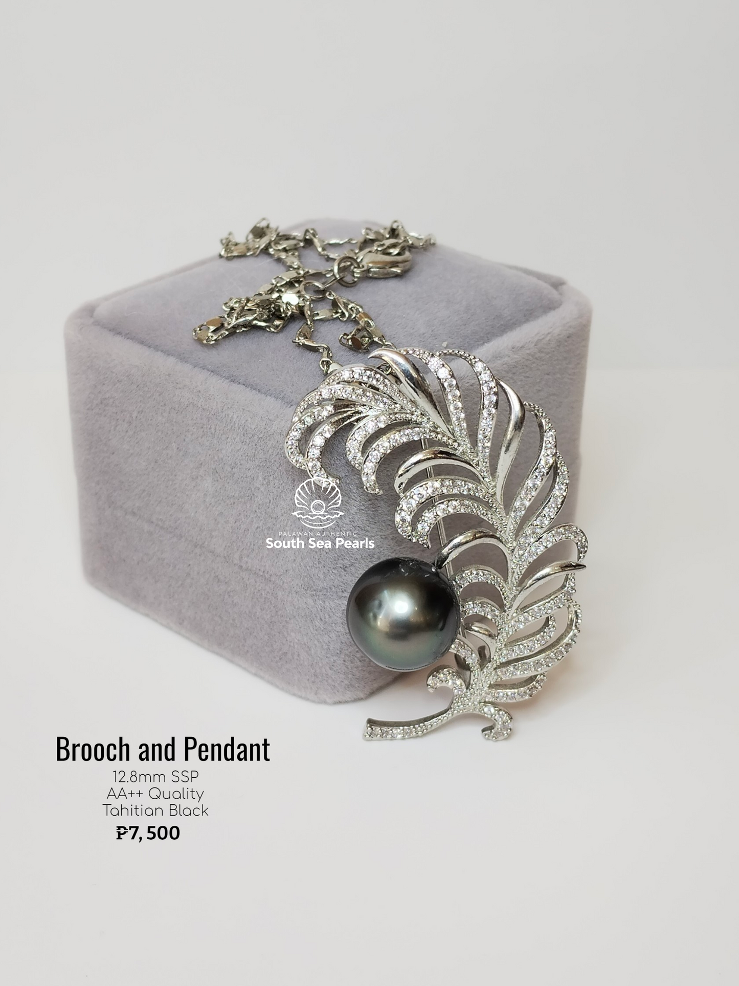 12.8mm Palawan Authentic Tahitian Black Color South Sea Pearl Brooch in 5 Micron Plated Settings